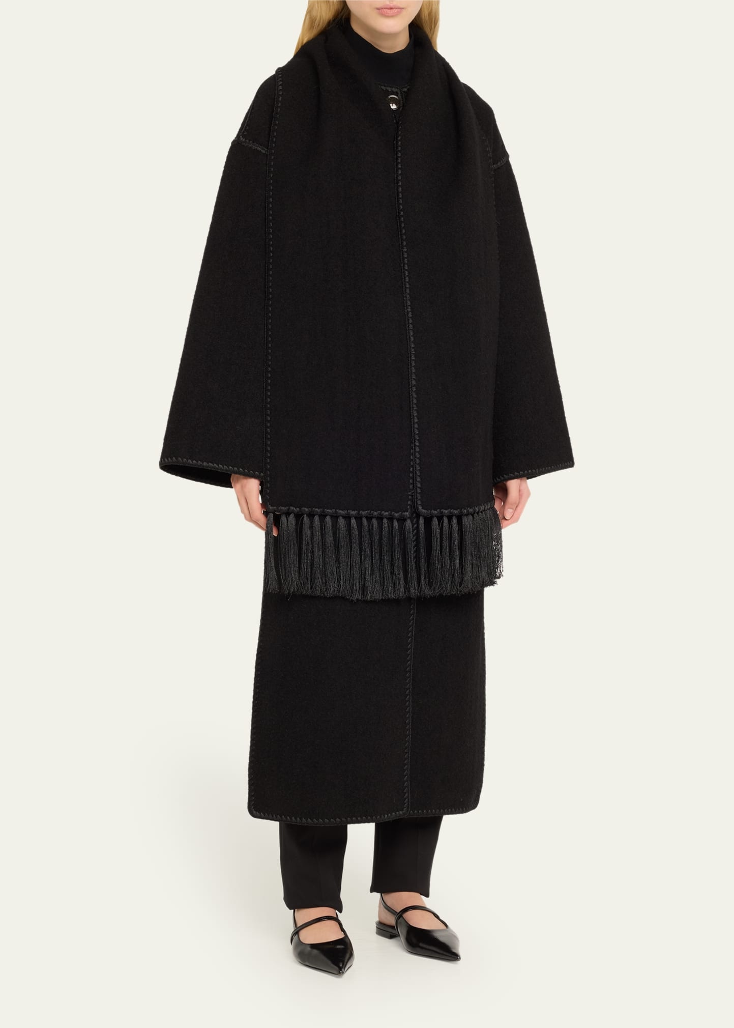 Fringe Embroidered Scarf Wool Coat - 4