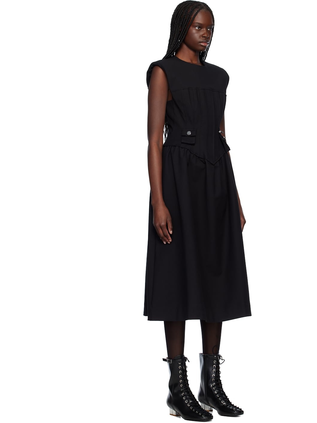 Black Heavy Cotton Corset Midi Dress - 2