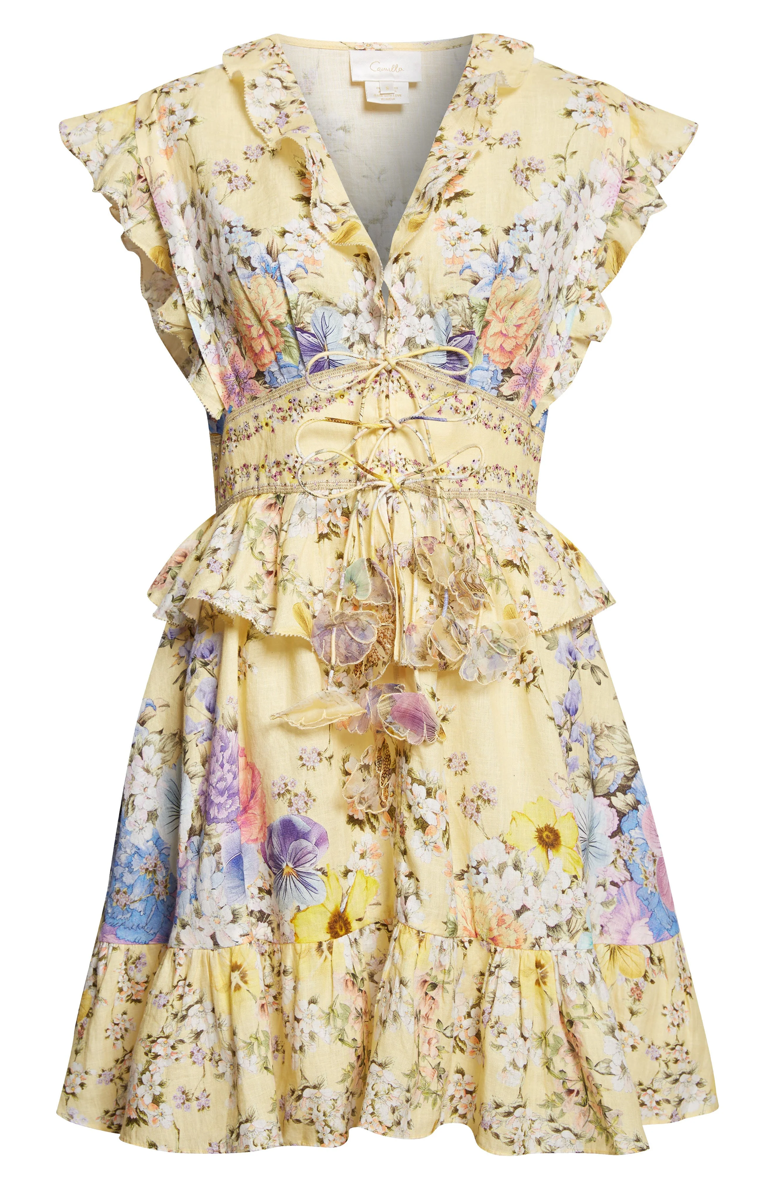 Camilla Darling Buds Ruffle Waisted Linen Minidress at Nordstrom - 1