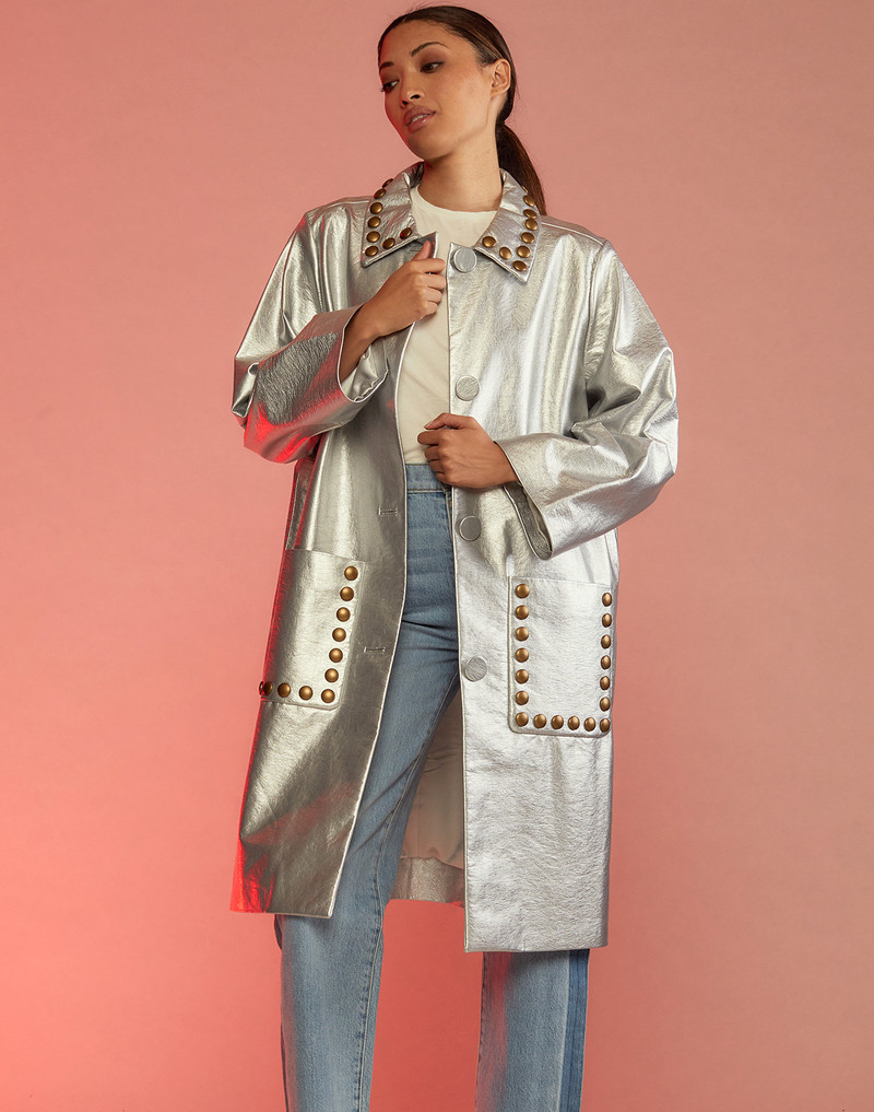 CYNTHIA ROWLEY Vegan Studded Leather Coat outlook