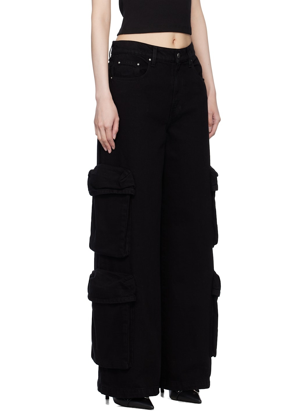 Black Baggy Denim Cargo Pants - 2
