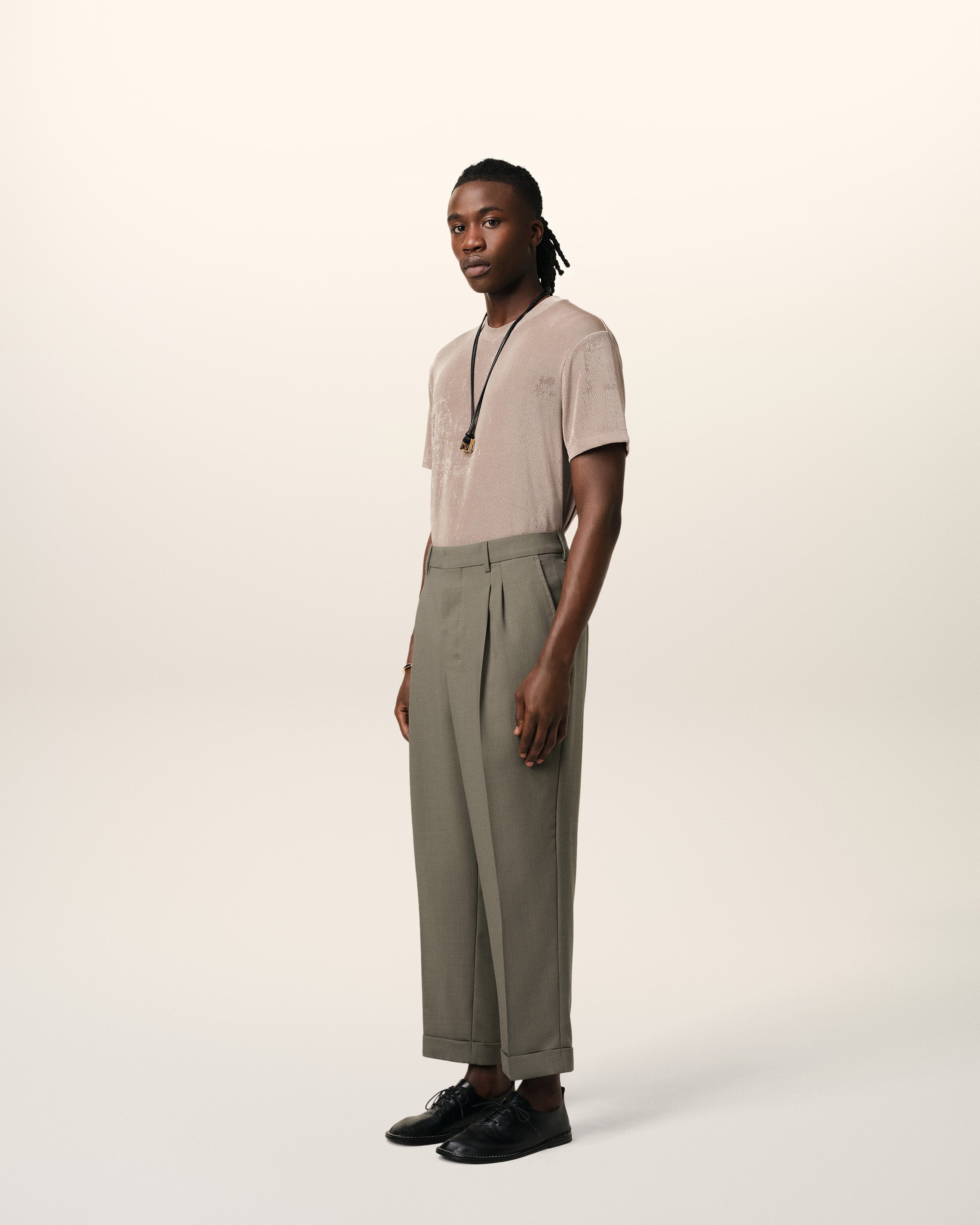 TAUPE WOOL CARROT FIT TROUSERS - 6
