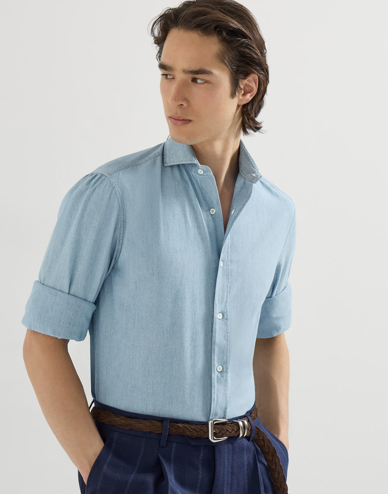 Denim-effect chambray shirt with spread collar 2