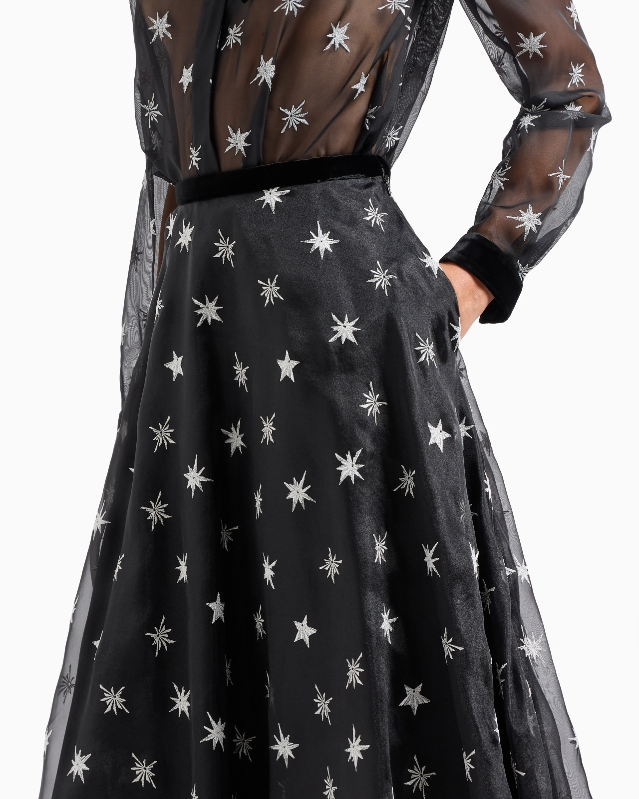 ORGANZA LONG SKIRT WITH ALL-OVER STAR EMBROIDERY AND VELVET WAISTBAND - 4