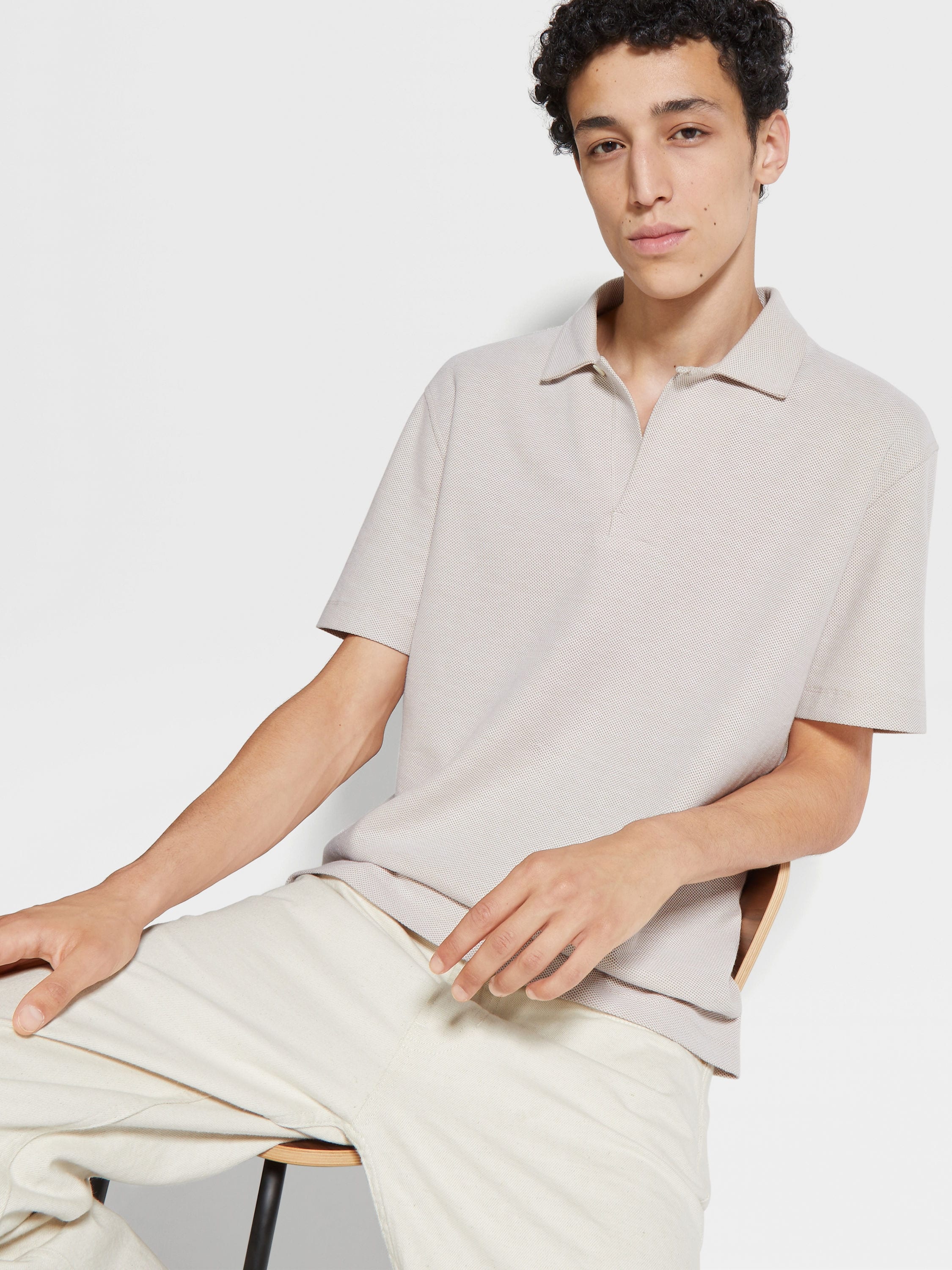 LIGHT BEIGE COTTON POLO SHIRT - 3