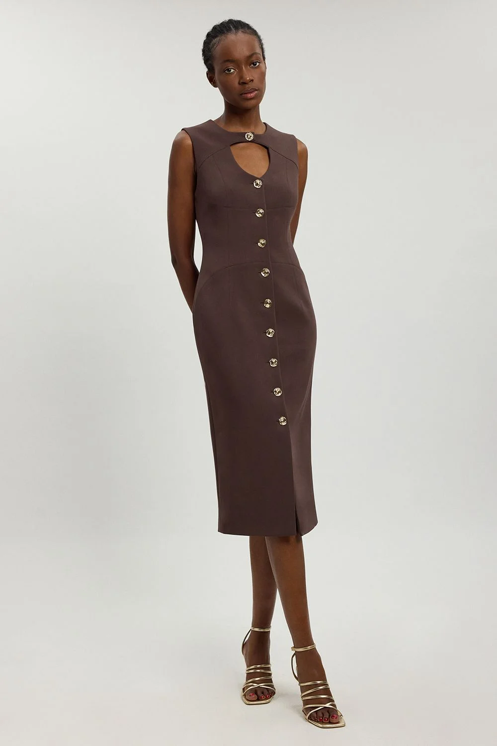Compact Stretch Button Tailored Midi Dress - 1