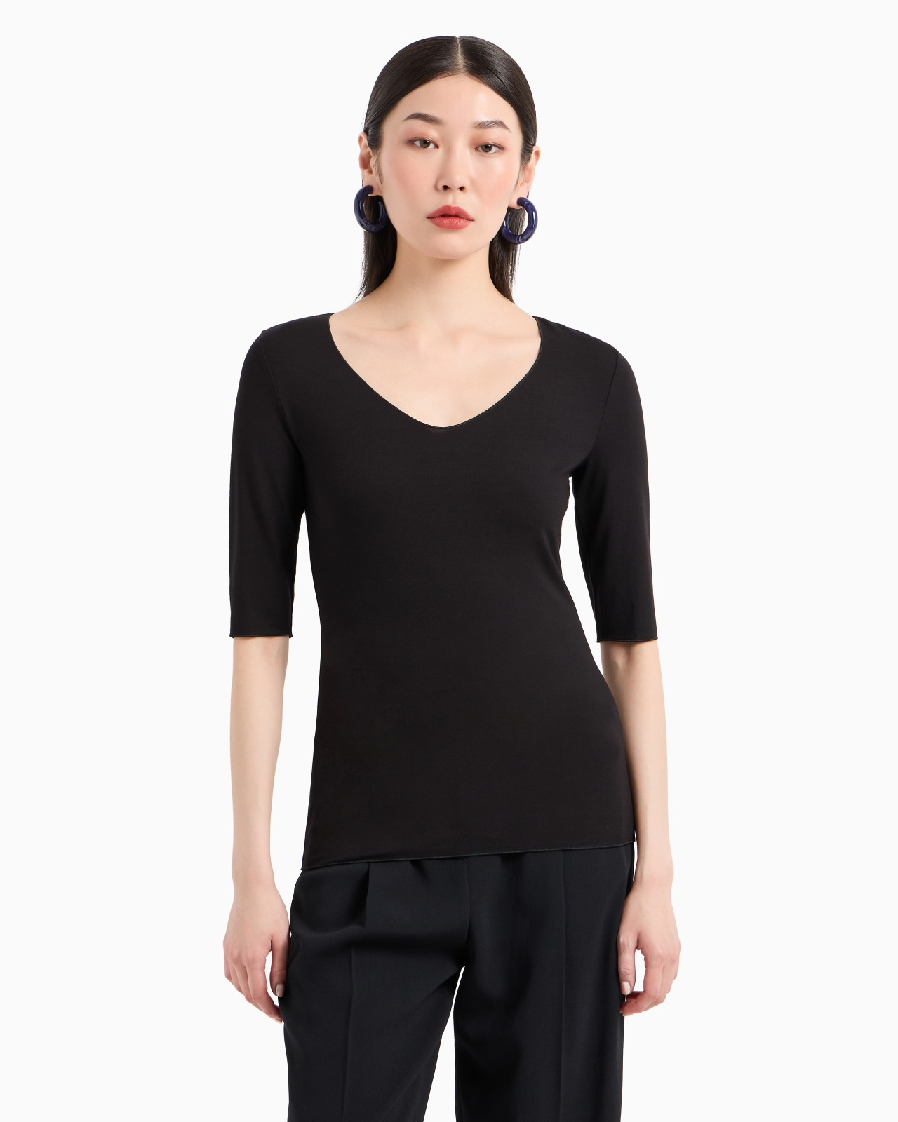 Viscose stretch jersey V-neck jumper with three-quarter length sleeves - 4