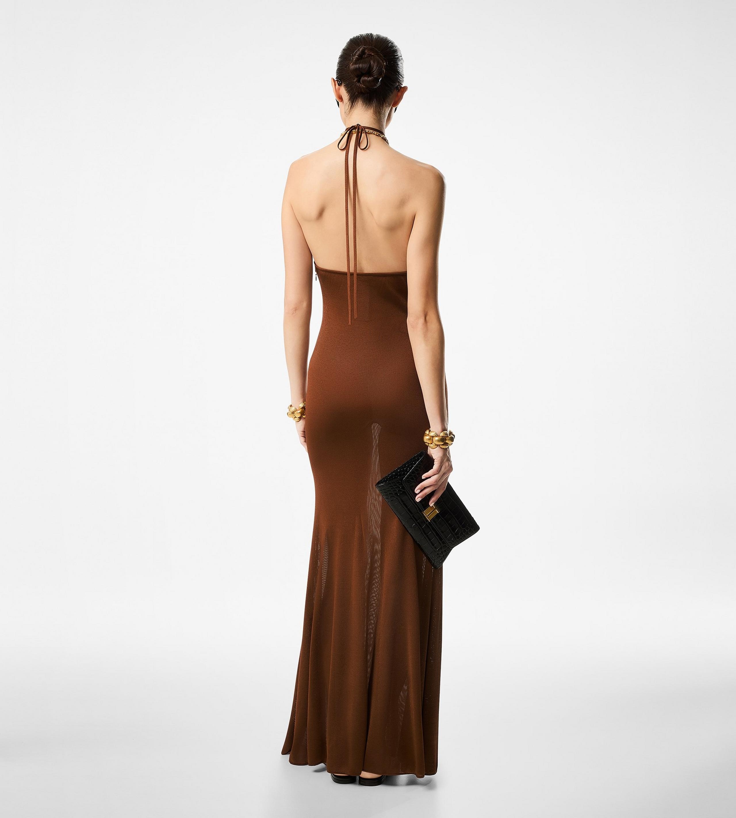 SLINKY VISCOSE JERSEY KNIT HALTERNECK MAXI DRESS - 3