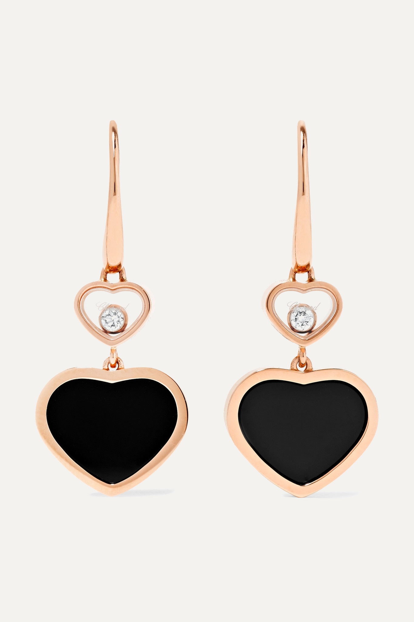 Happy Hearts 18-karat rose gold, diamond and onyx earrings - 1