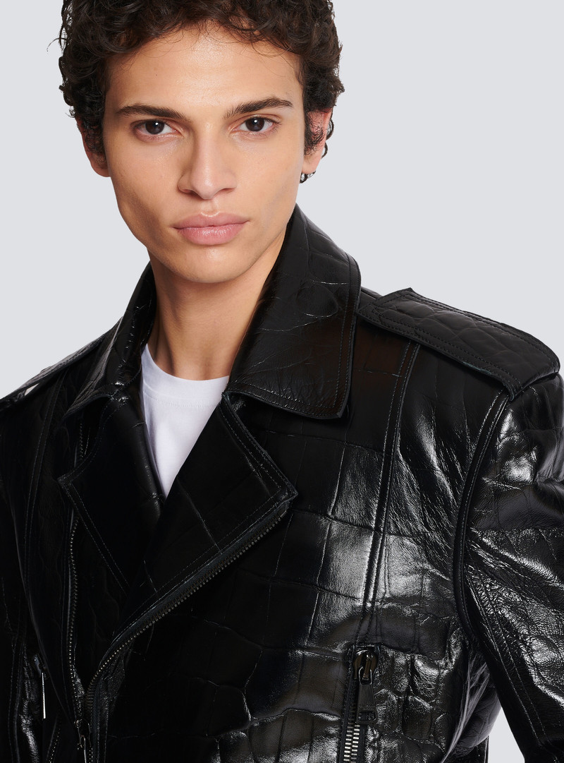 Crocodile-effect leather biker jacket 7