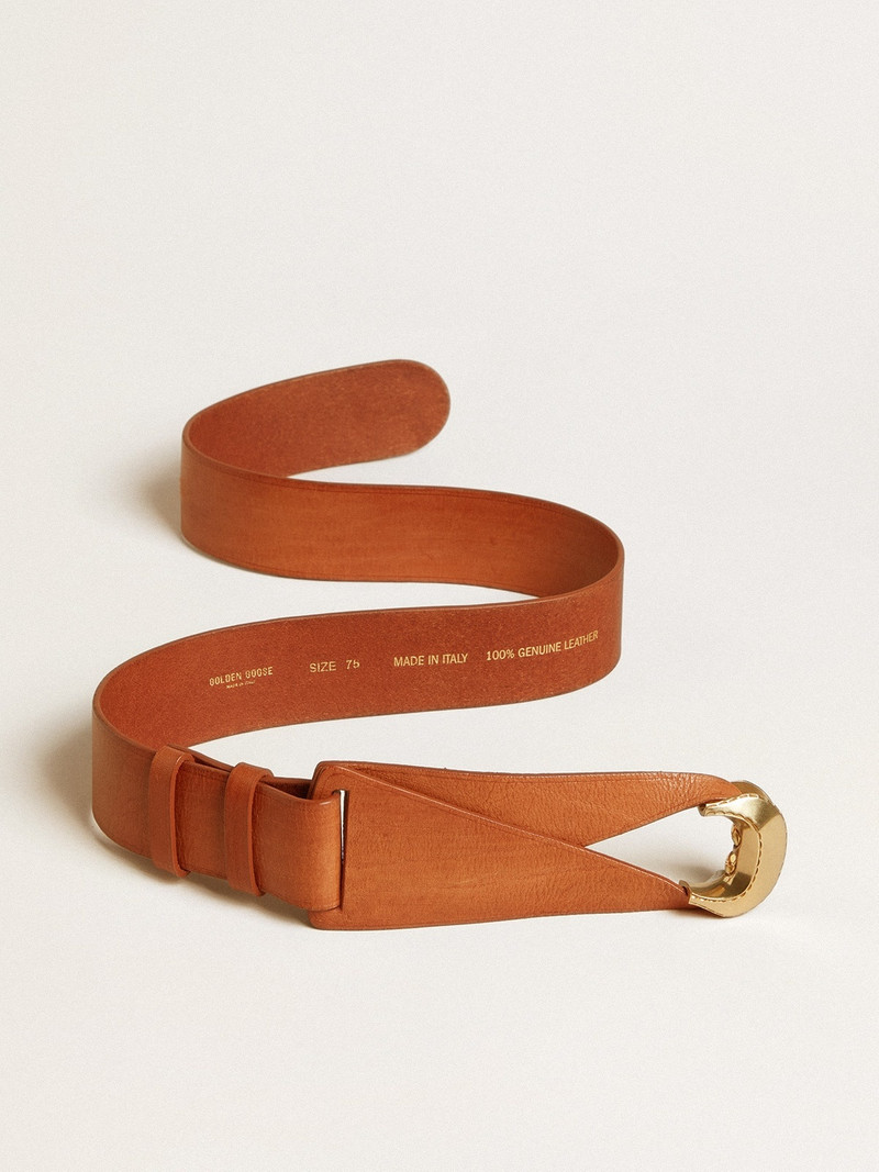 Brown leather belt with semi-circular gold buckle 3