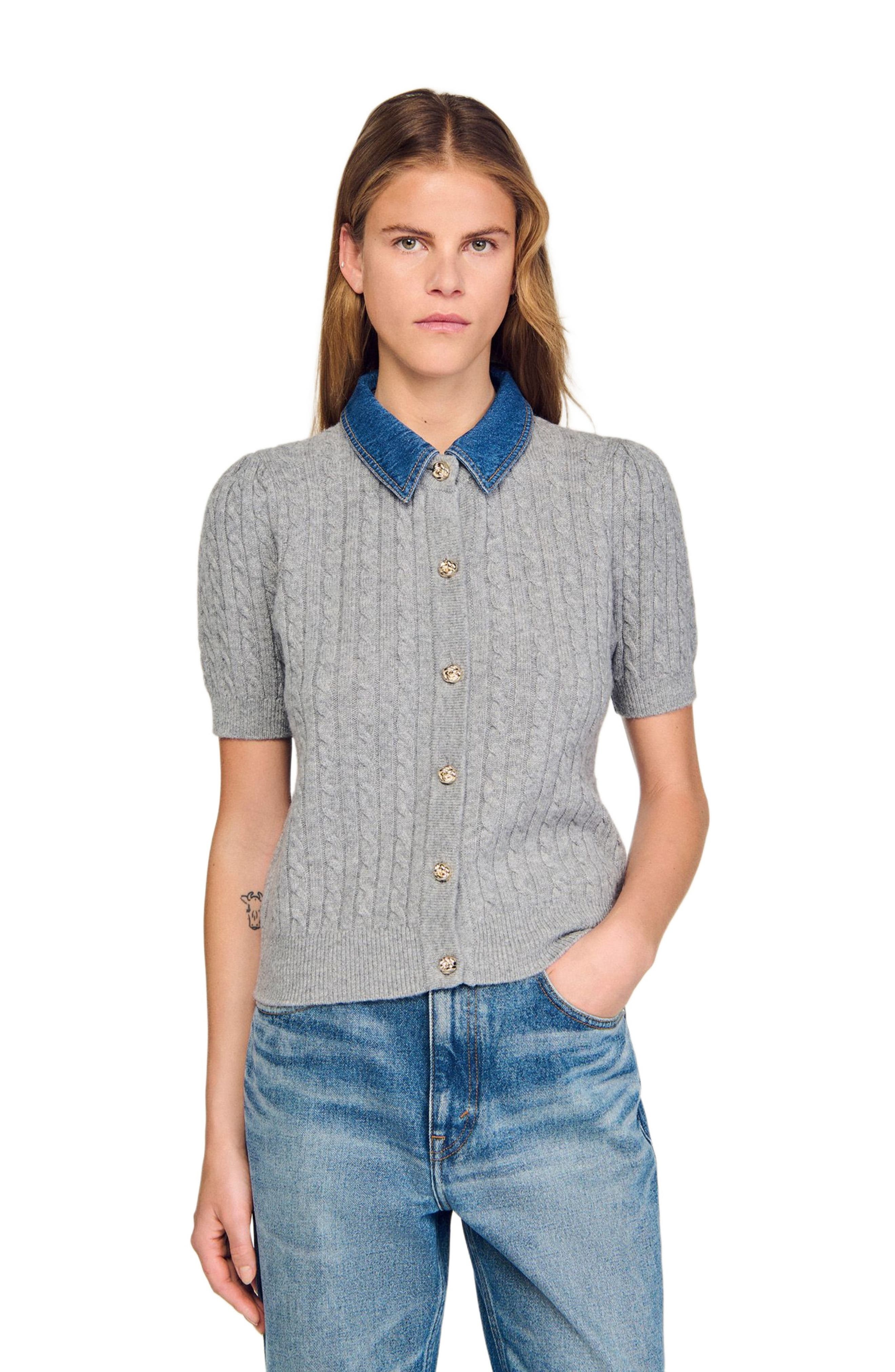 SANDRO Cardigan with denim collar in Grey at Nordstrom - 4