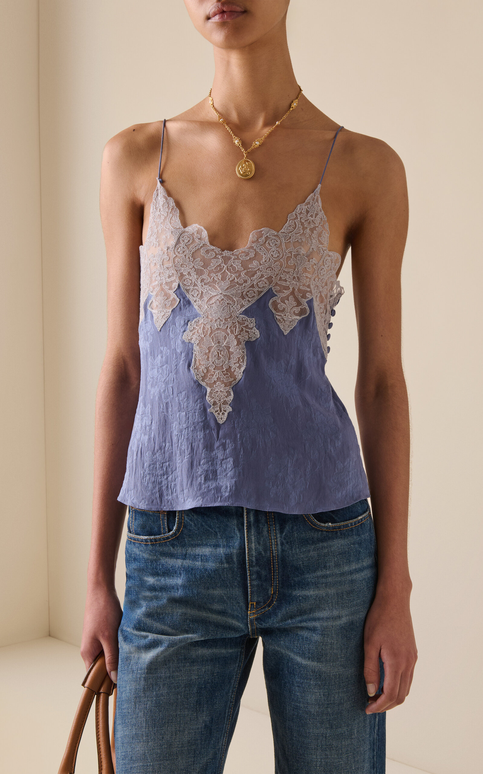 Lace-Trimmed Silk-Jacquard Lingerie Top blue - 2