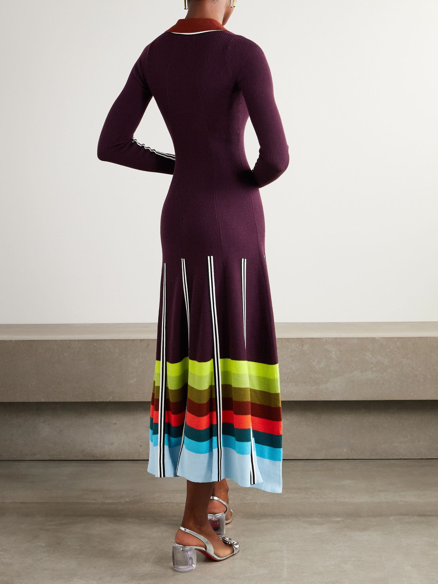Striped ribbed wool-blend maxi dress Burgundy - 3