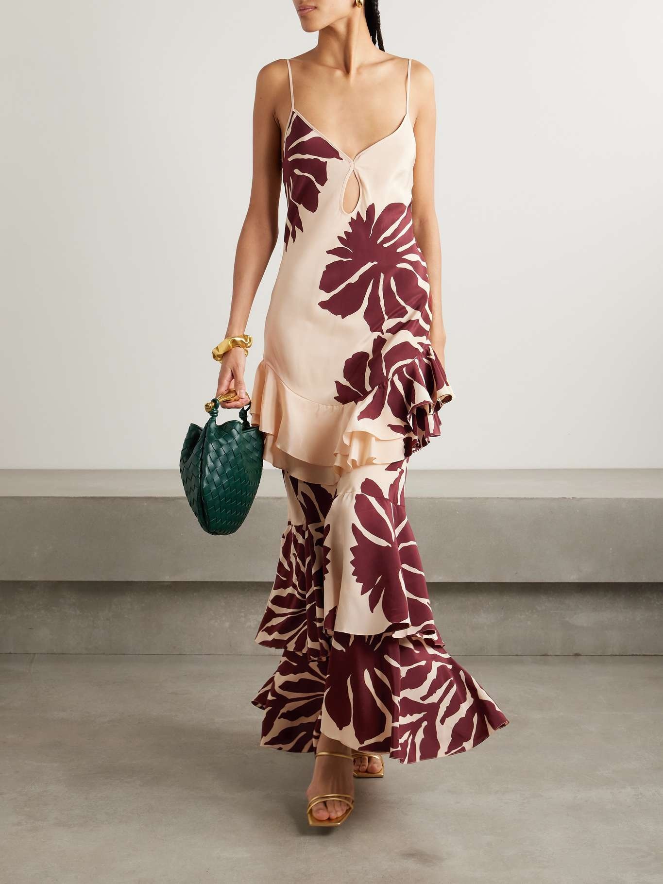 Reinterpretation cutout ruffled printed silk crepe de chine maxi dress Peach - 2
