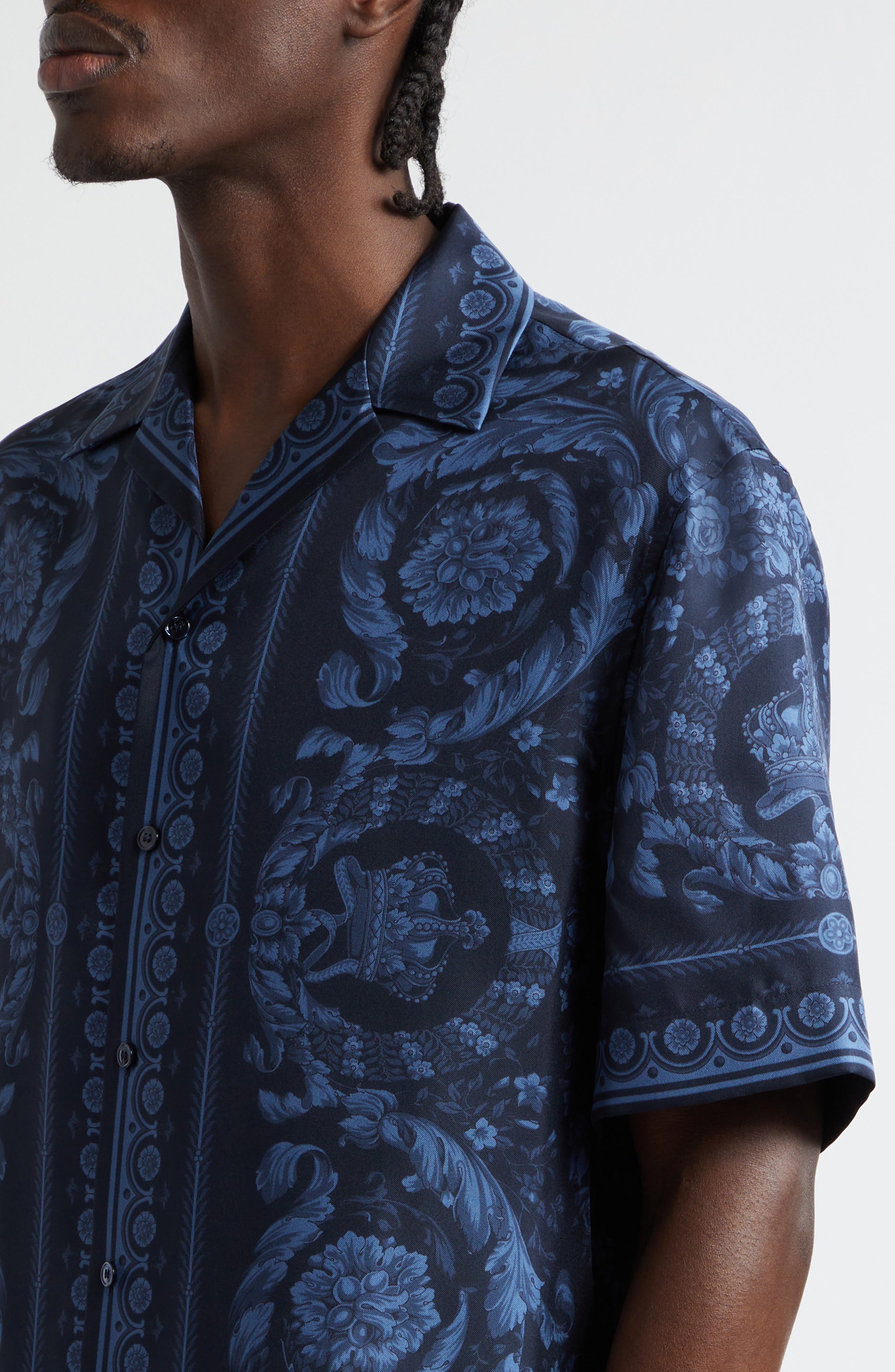 Barocco Print Silk Button-Up Shirt - 5