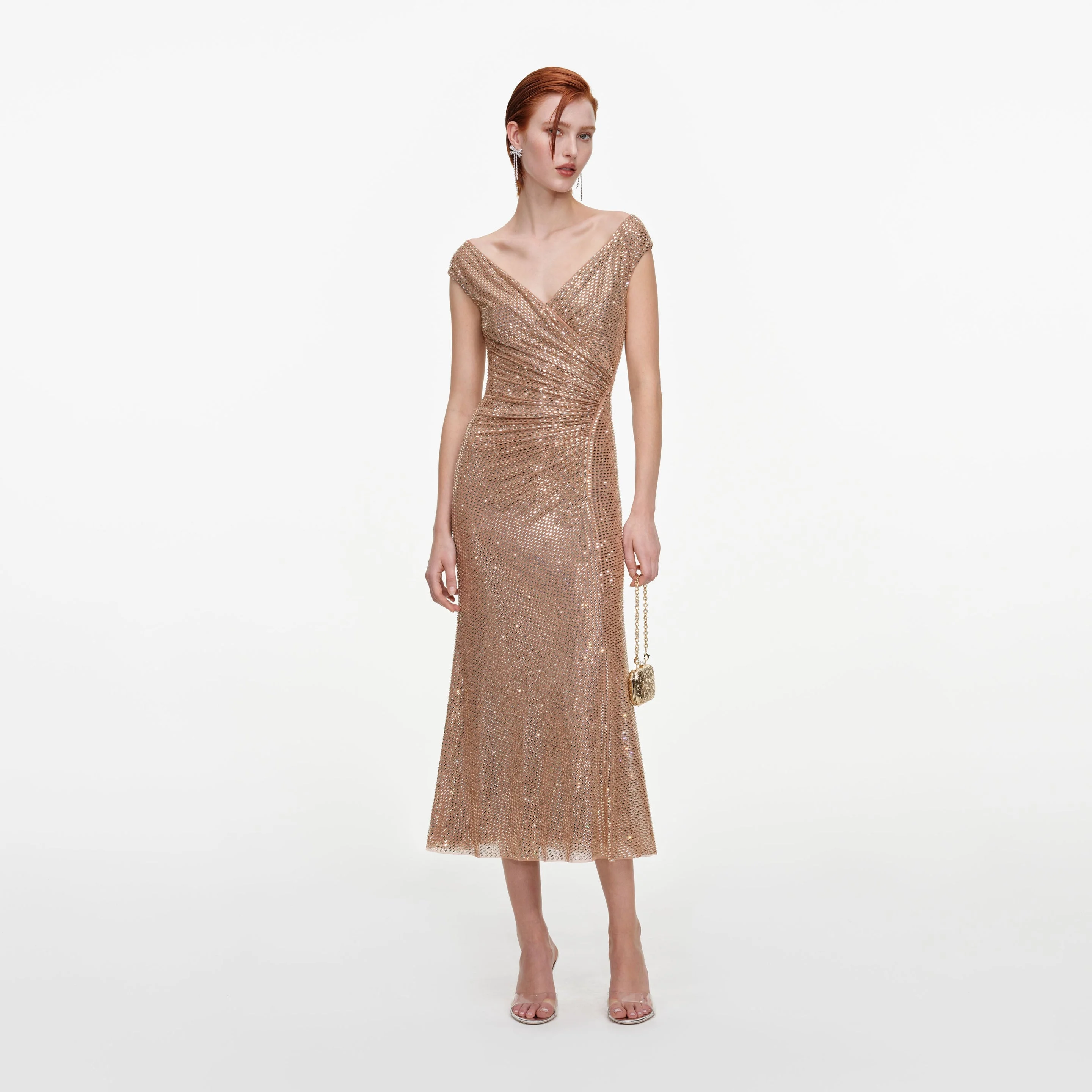 Gold Rhinestone Off Shoulder Midi Dress - 1