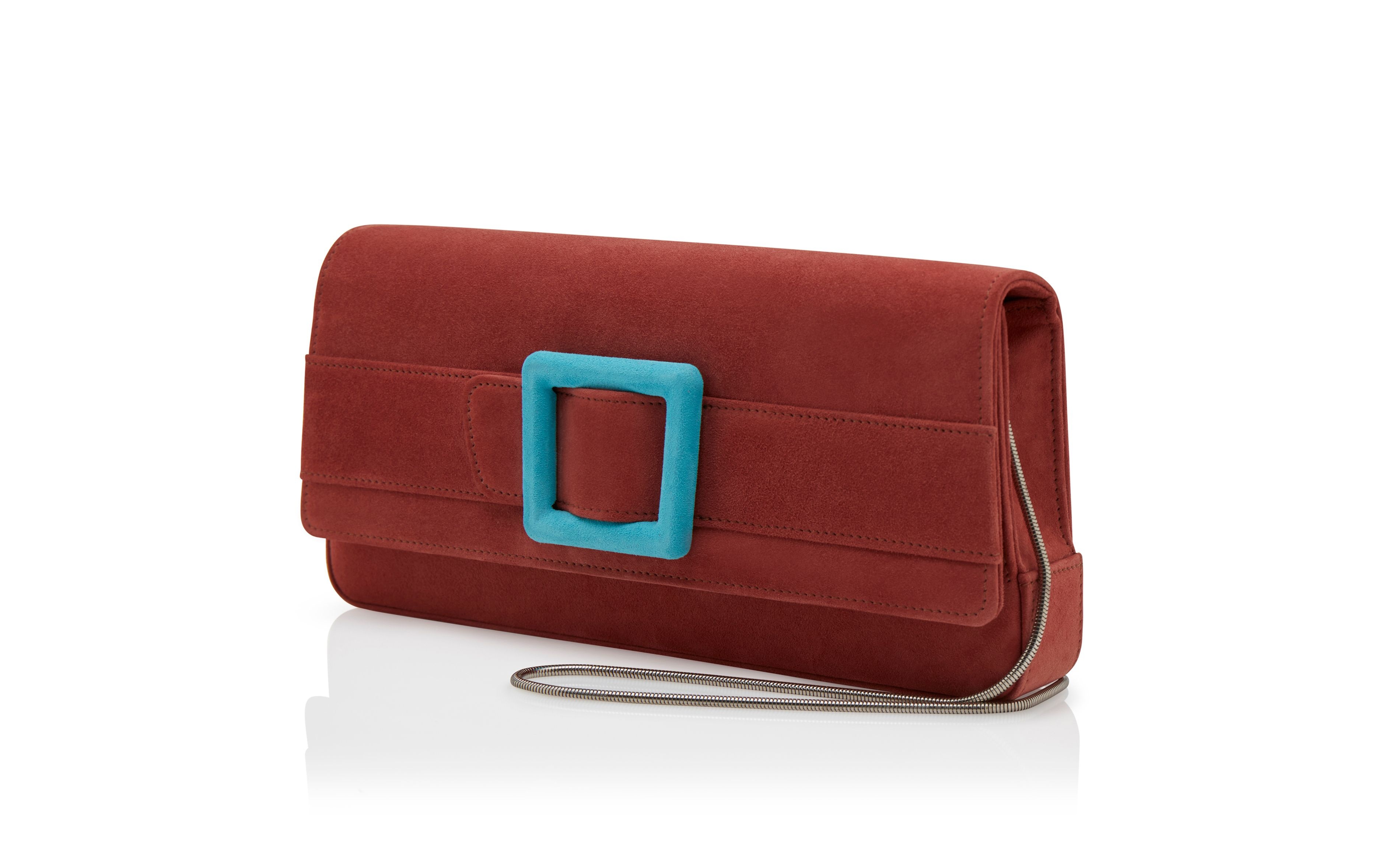 Red and Light Blue Suede Buckle Clutch - 3