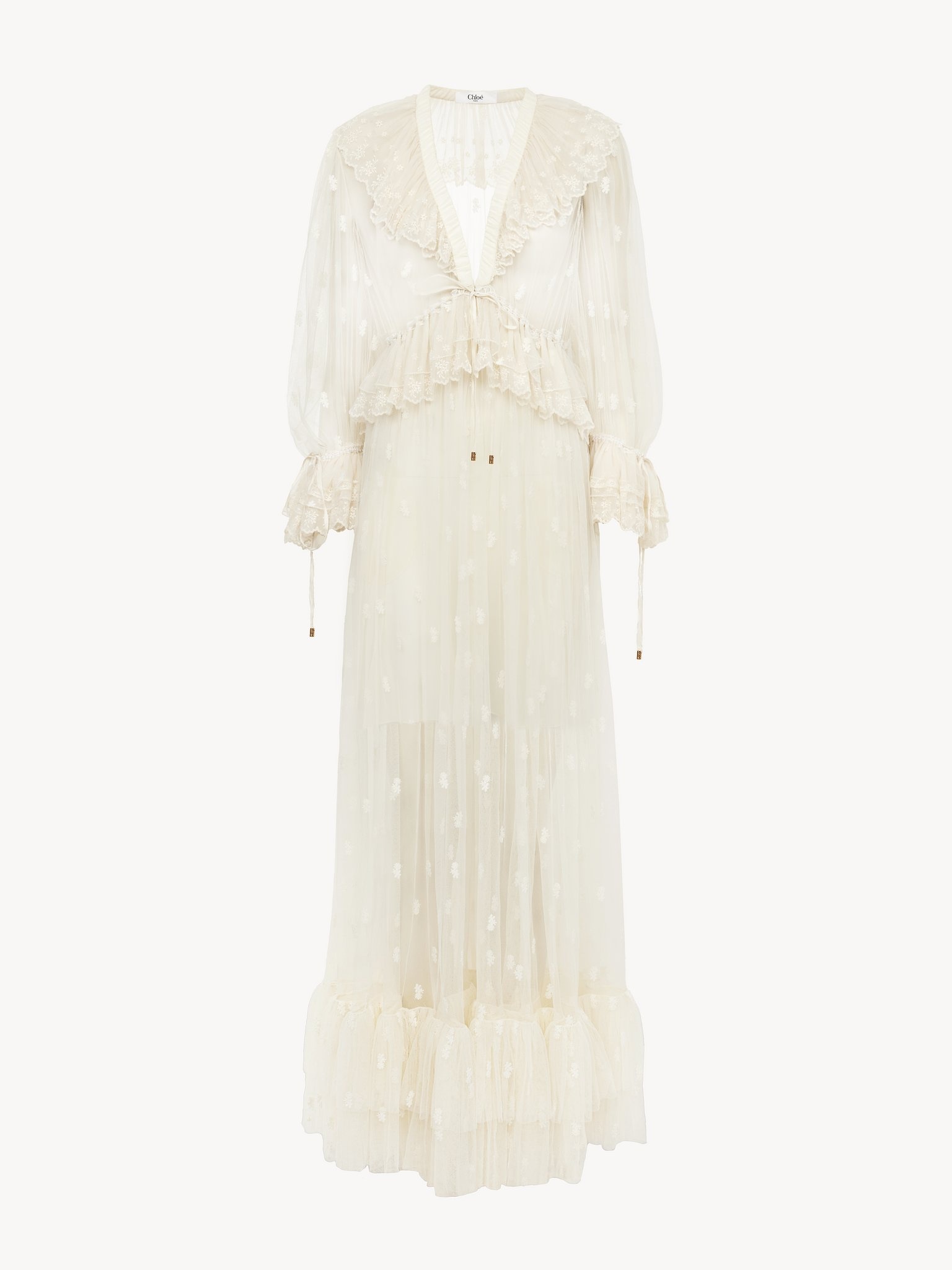 GATHERED V-NECK LONG DRESS IN EMBROIDERED LACE - 2