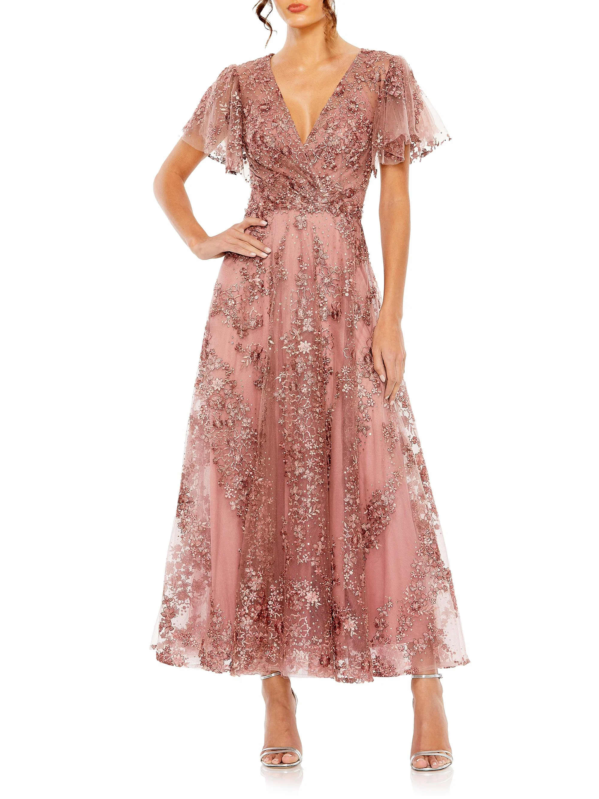 Women's Embellished Flutter Sleeve Faux Wrap Gown - Mauve - 1