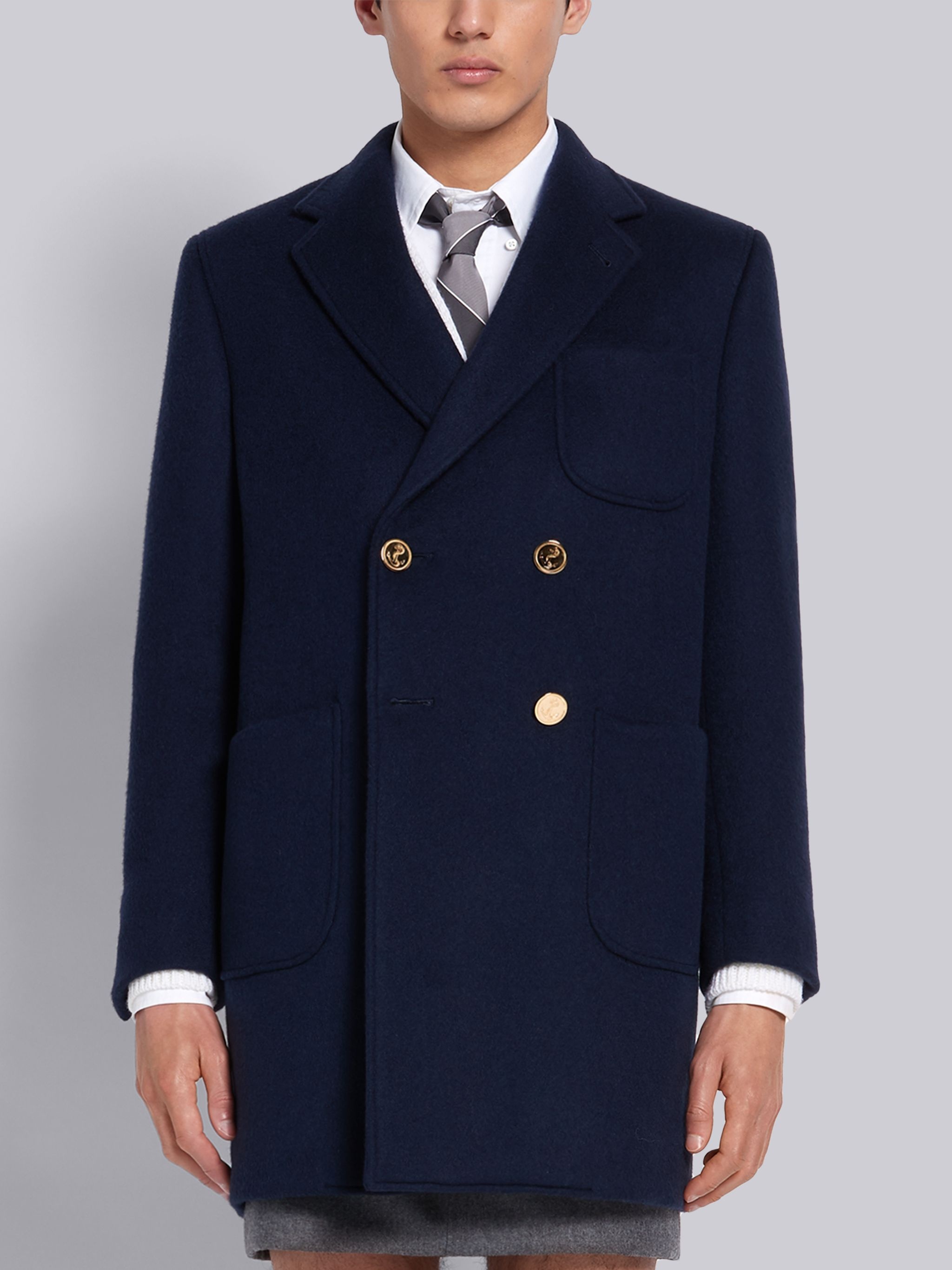 Navy Military Weight Cashmere Double Breasted Sack Overcoat - 1