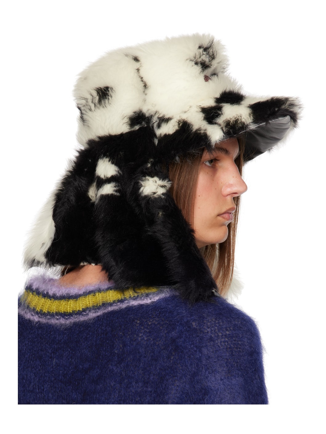 White & Black Quilted Fur Hat - 3
