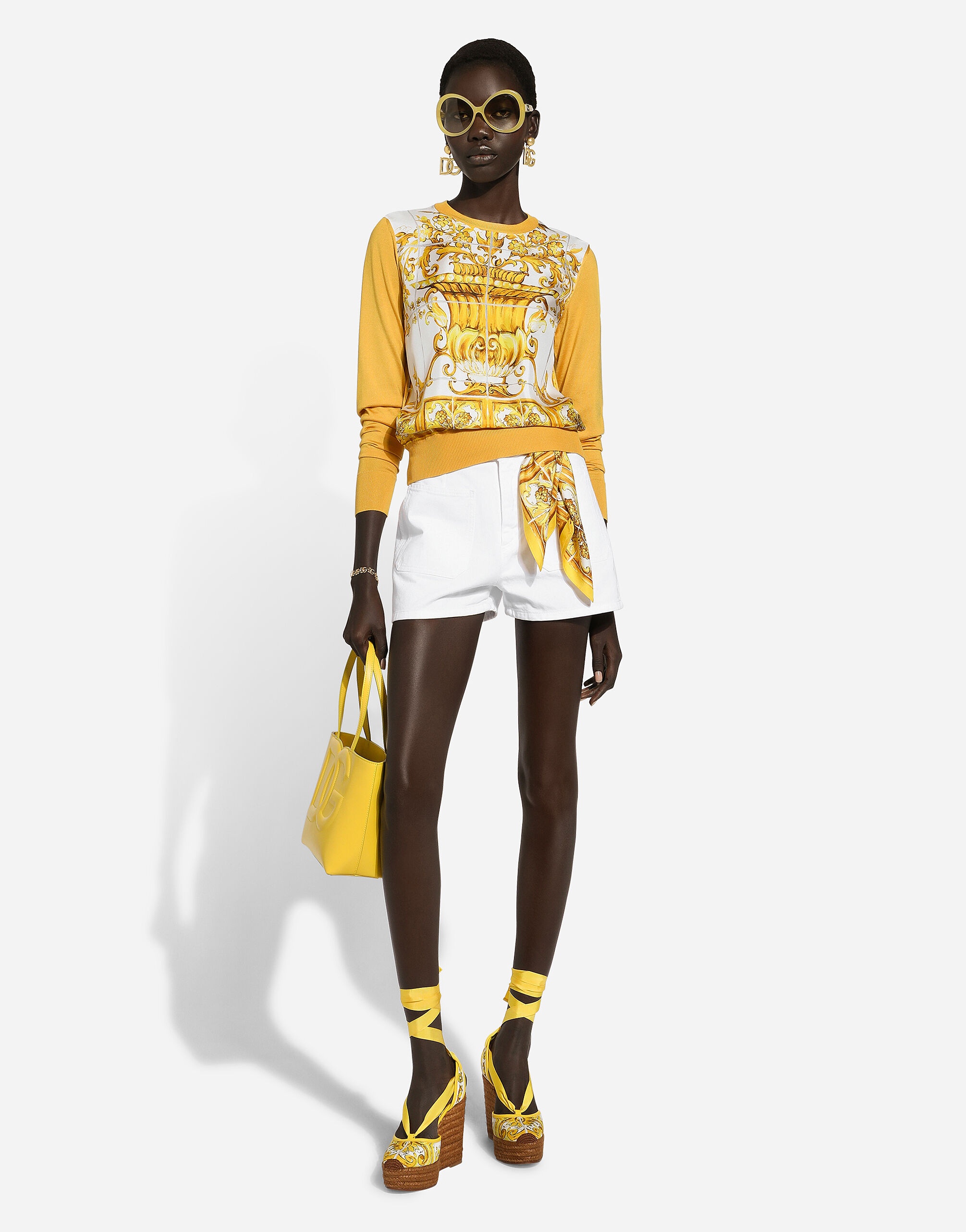 Silk sweater with majolica-print silk twill panel on the front - 5
