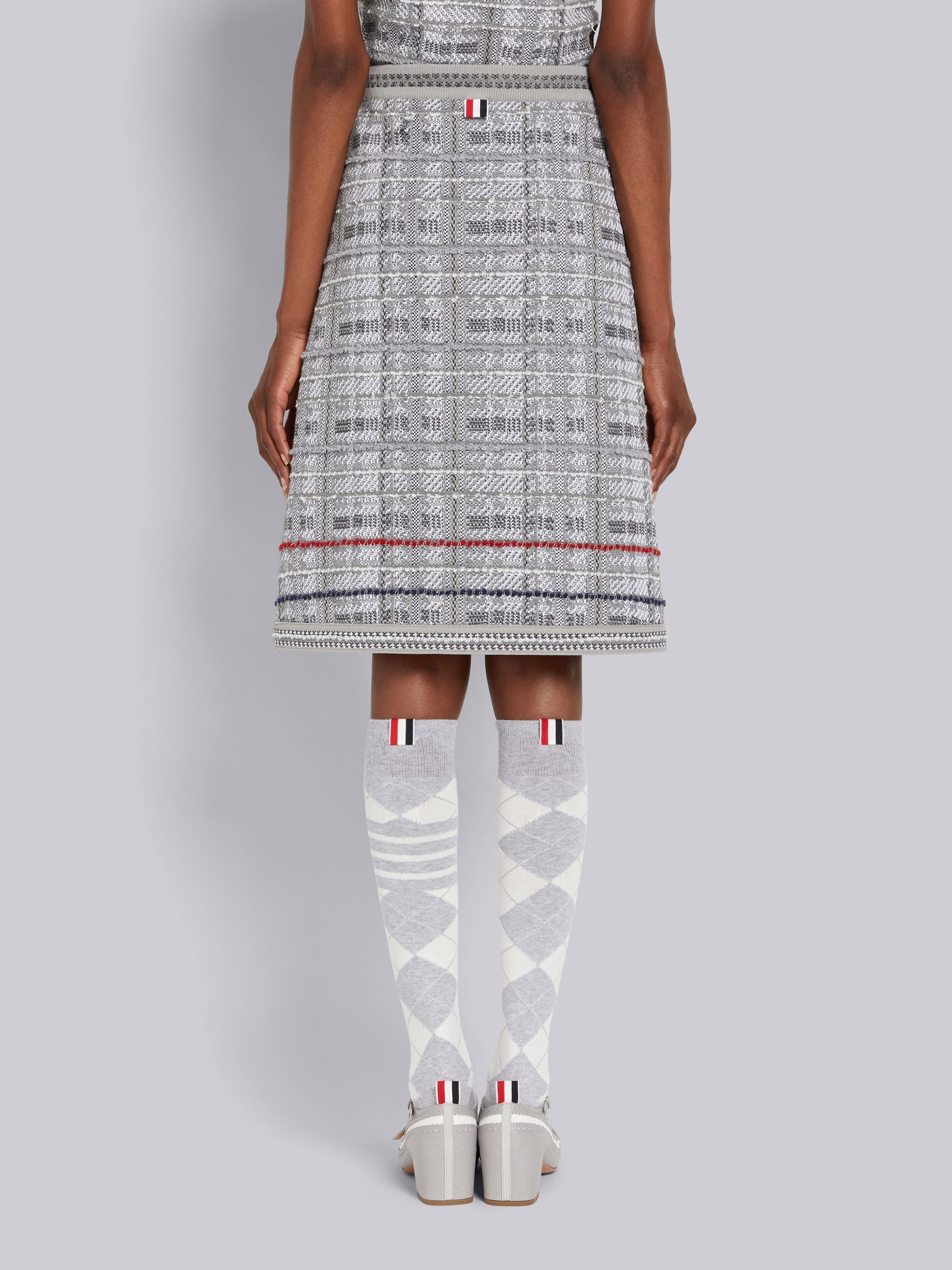 Tonal Grey Hairline Madras Check Jacquard Stripe Inlay A-line Knee Length Skirt - 3