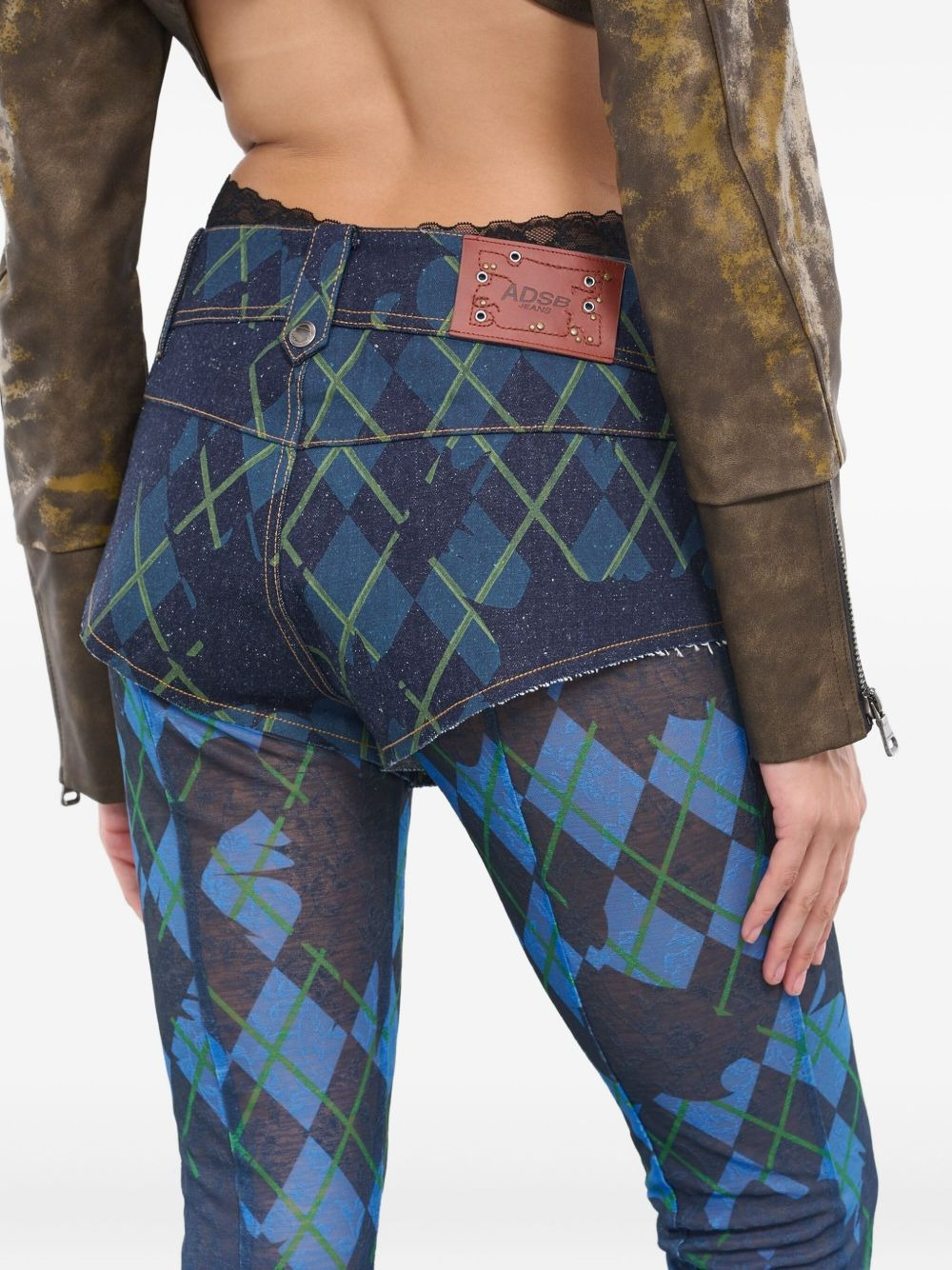argyle-patterned denim shorts mesh trousers - 5