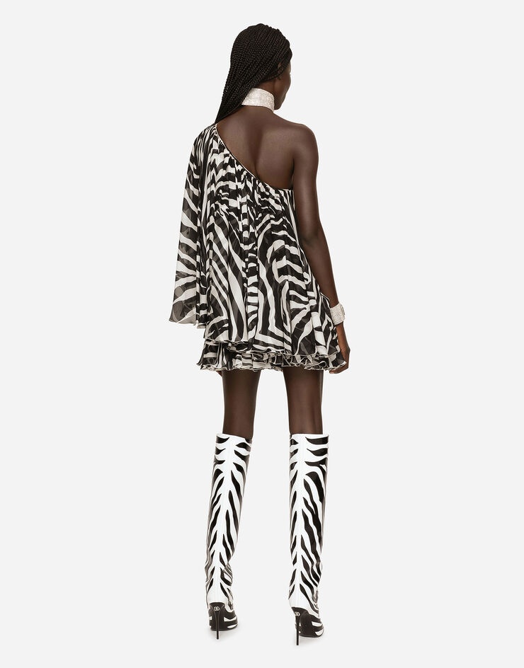 Short one-shoulder chiffon dress with zebra print - 2