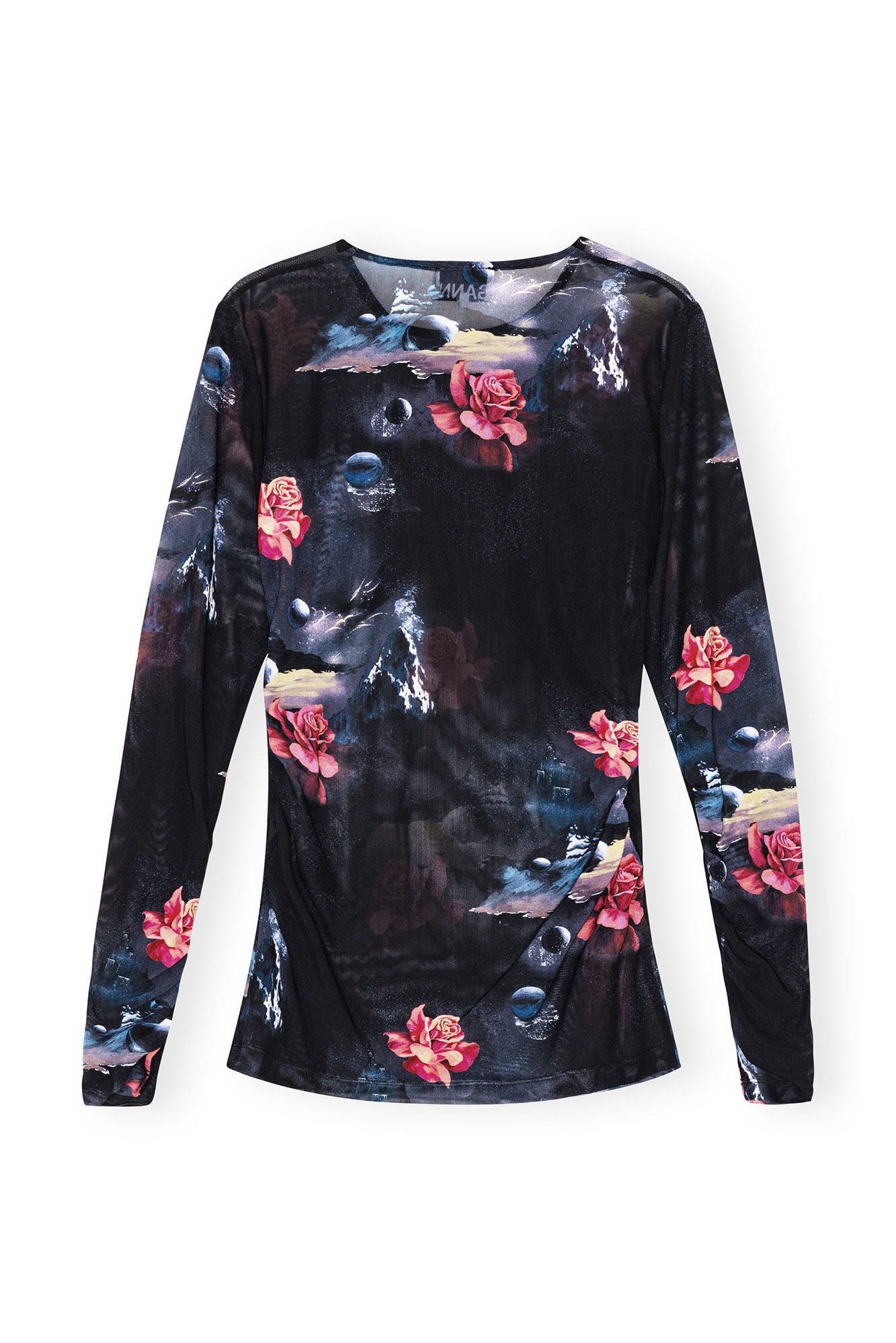 PRINTED MESH LONG SLEEVE GATHERED BLOUSE - 1