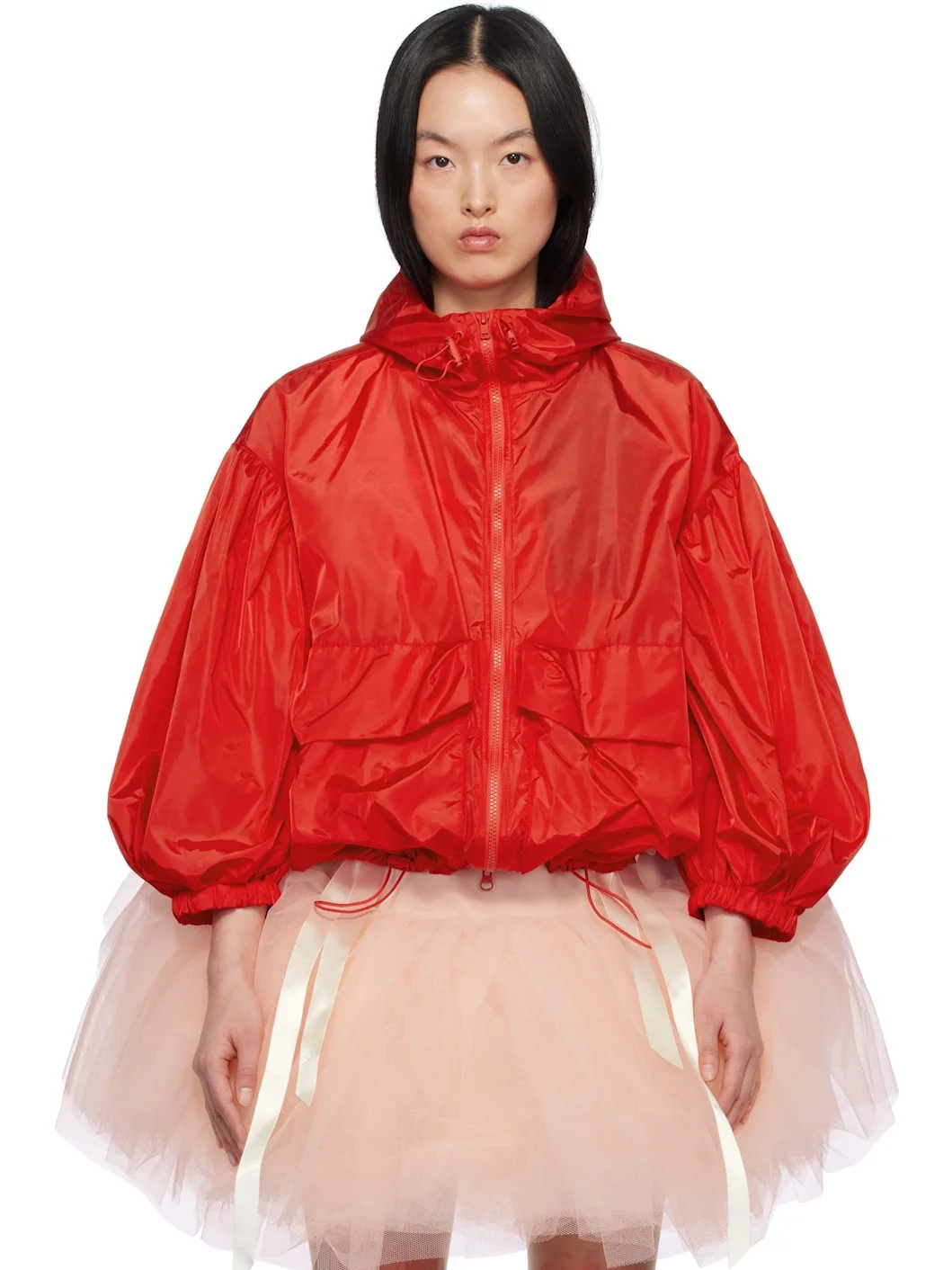 Red Cargo Pocket Puff Sleeve Drawstring Jacket - 1