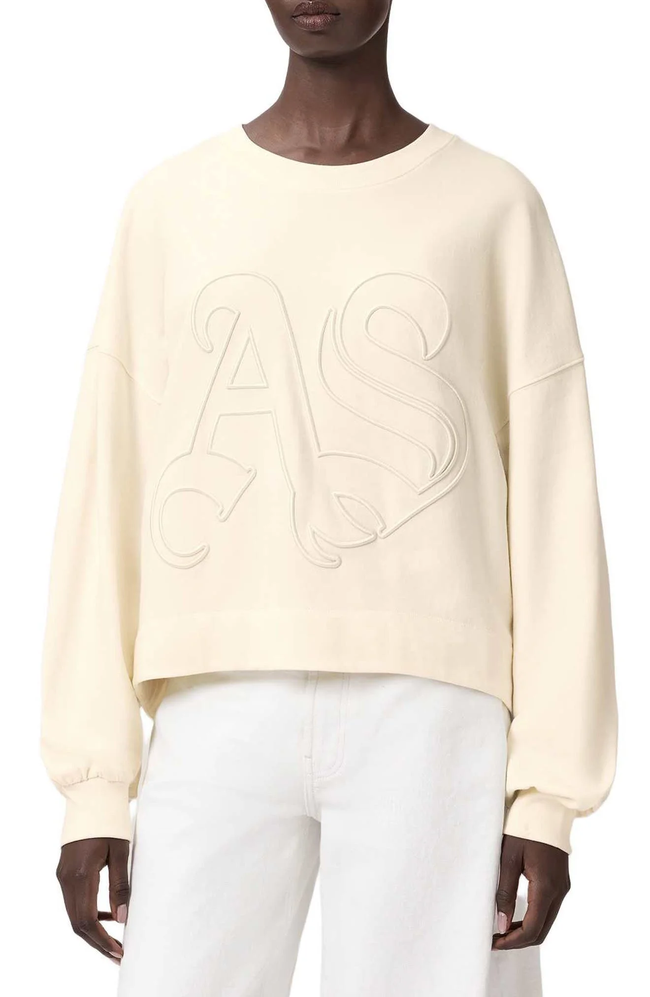 AllSaints Lila Embroidered Oversize Cotton Sweatshirt in Pebble White at Nordstrom - 1