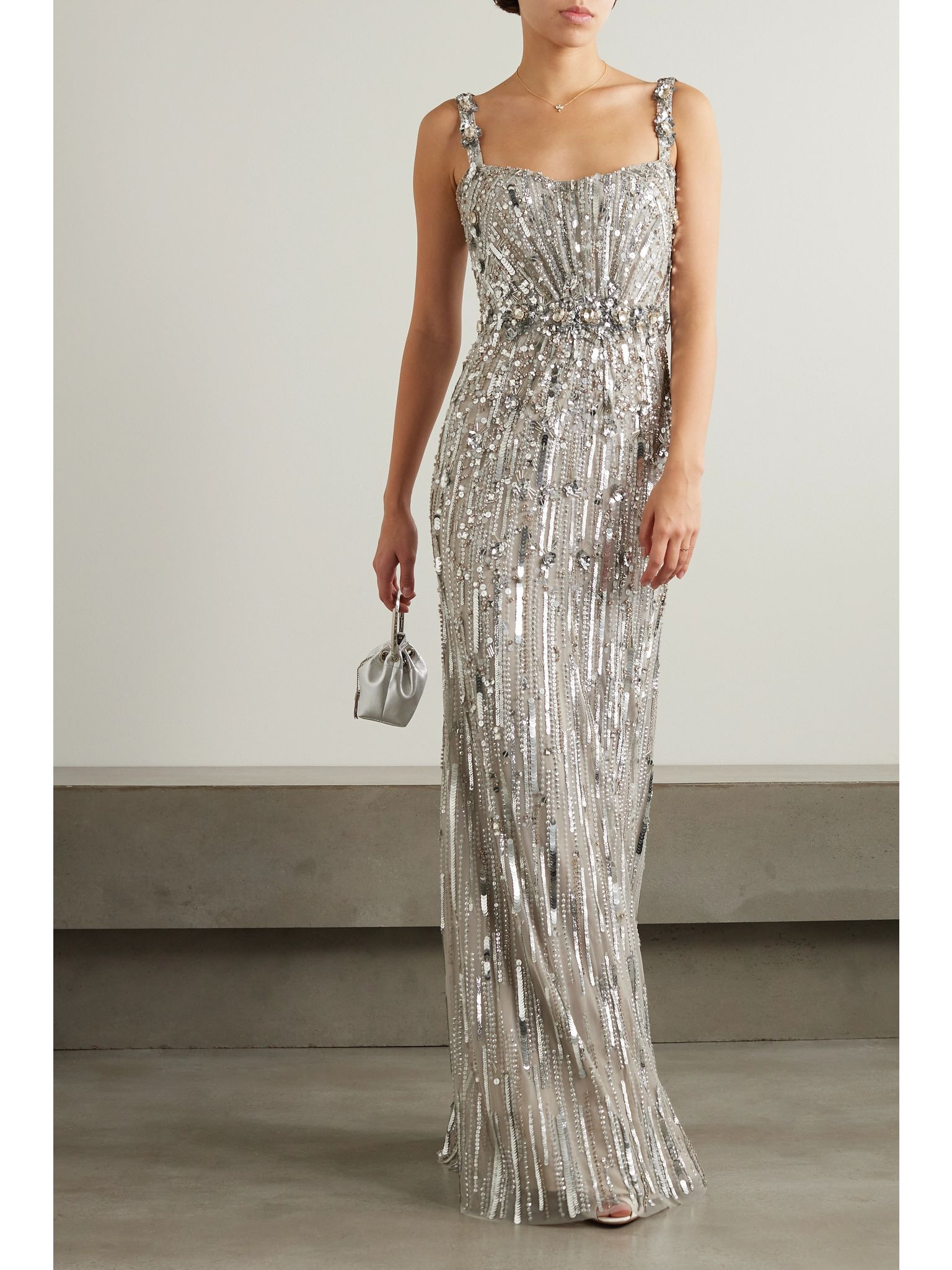 Bright Gem embellished sequined tulle gown Platinum - 2