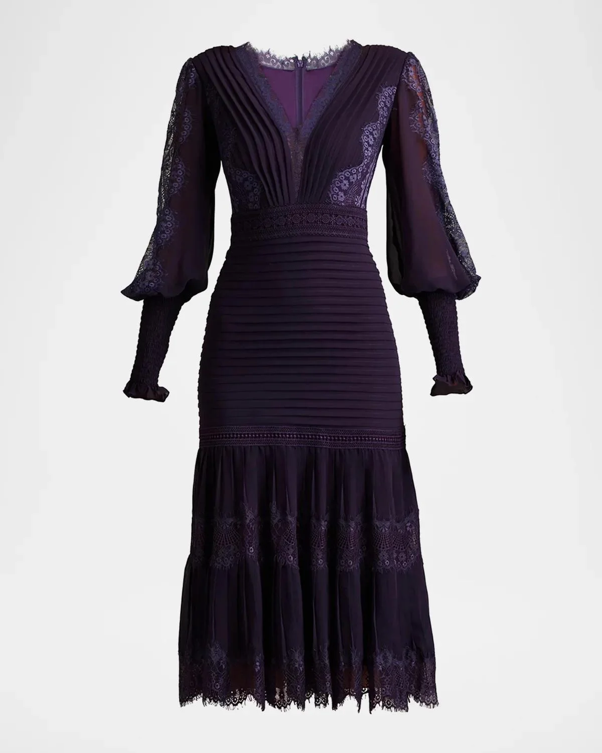 Pleated Chiffon & Lace Bishop-Sleeve Dress - 1