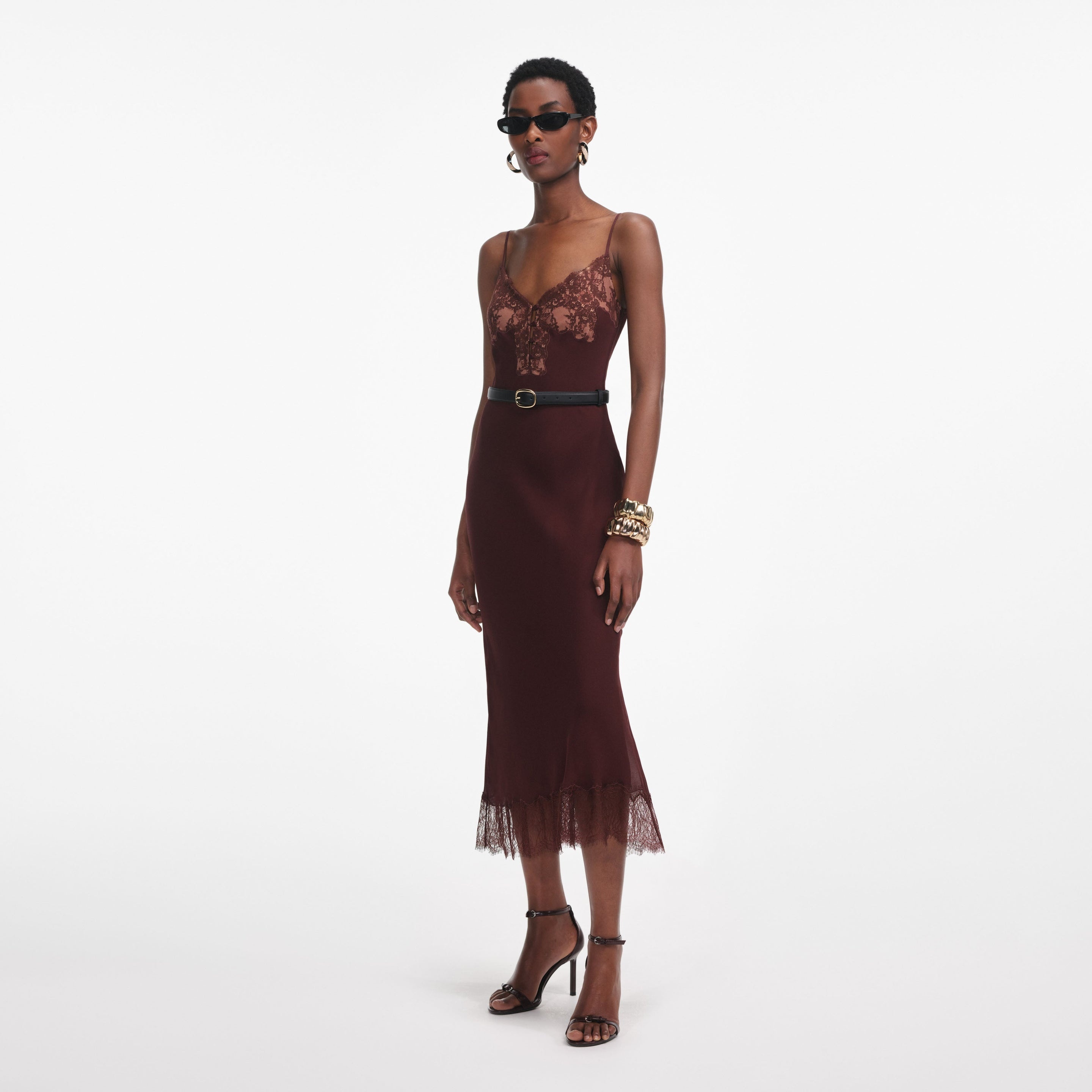 Brown Lace Insert Midi Dress - 2