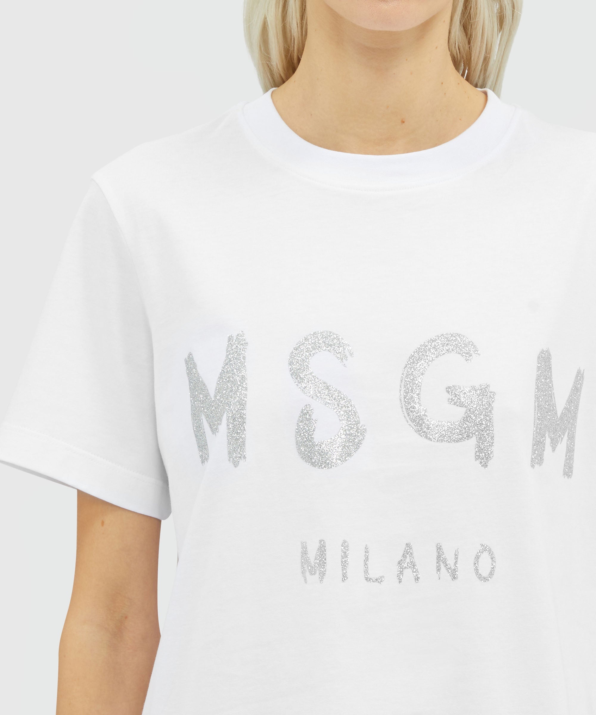 MSGM｜ (3441MDM510G 237002 01A) MSGM Jersey T-shirt with glitter brushstroke logo | REVERSIBLE