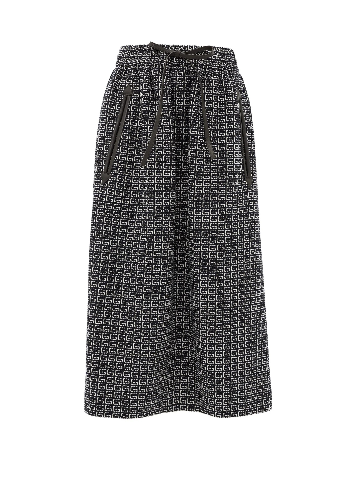 G-jacquard leather-trim tweed midi skirt - 1