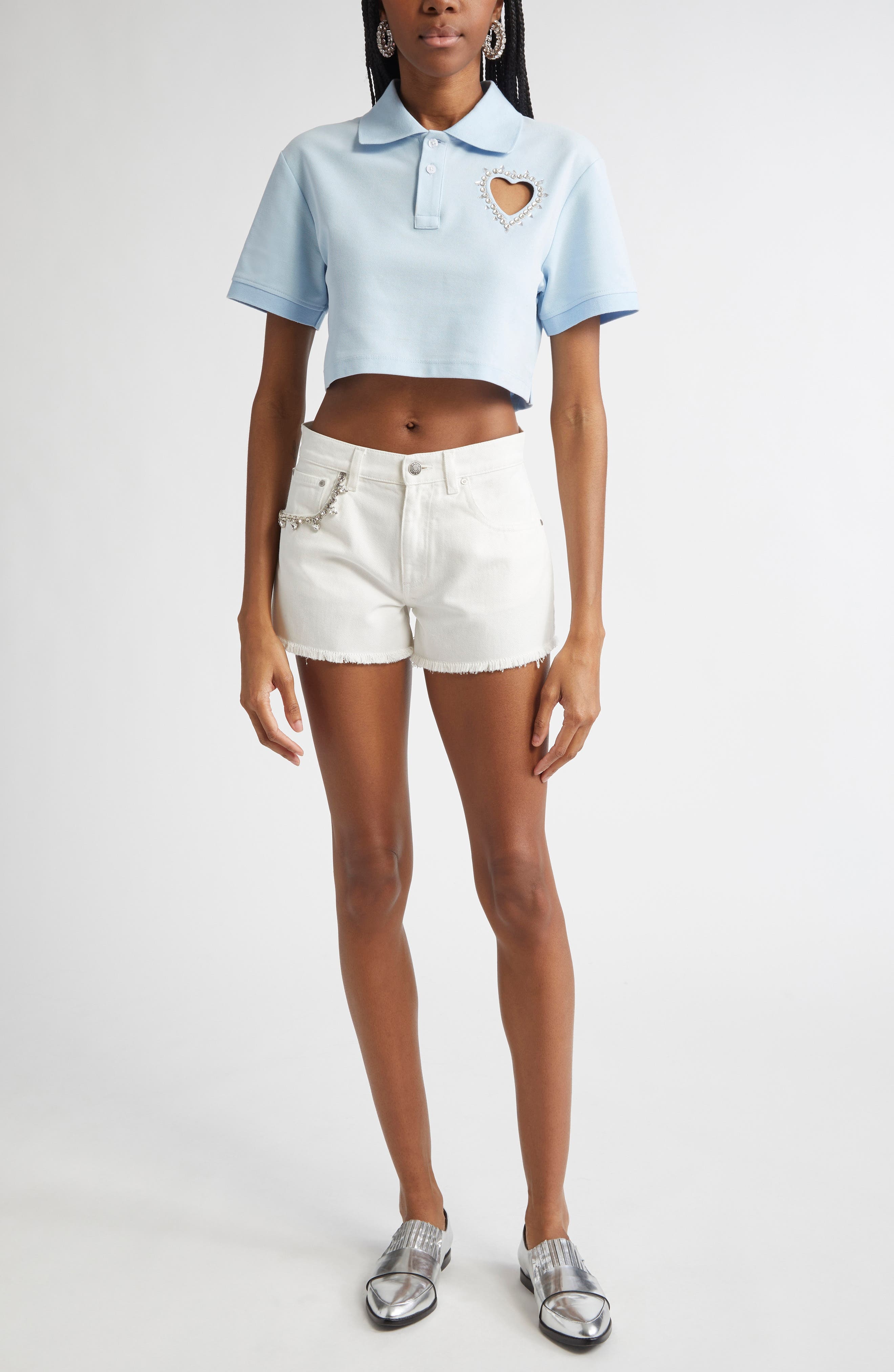 Area Crystal Pocket Denim Cutoff Shorts in White at Nordstrom - 2