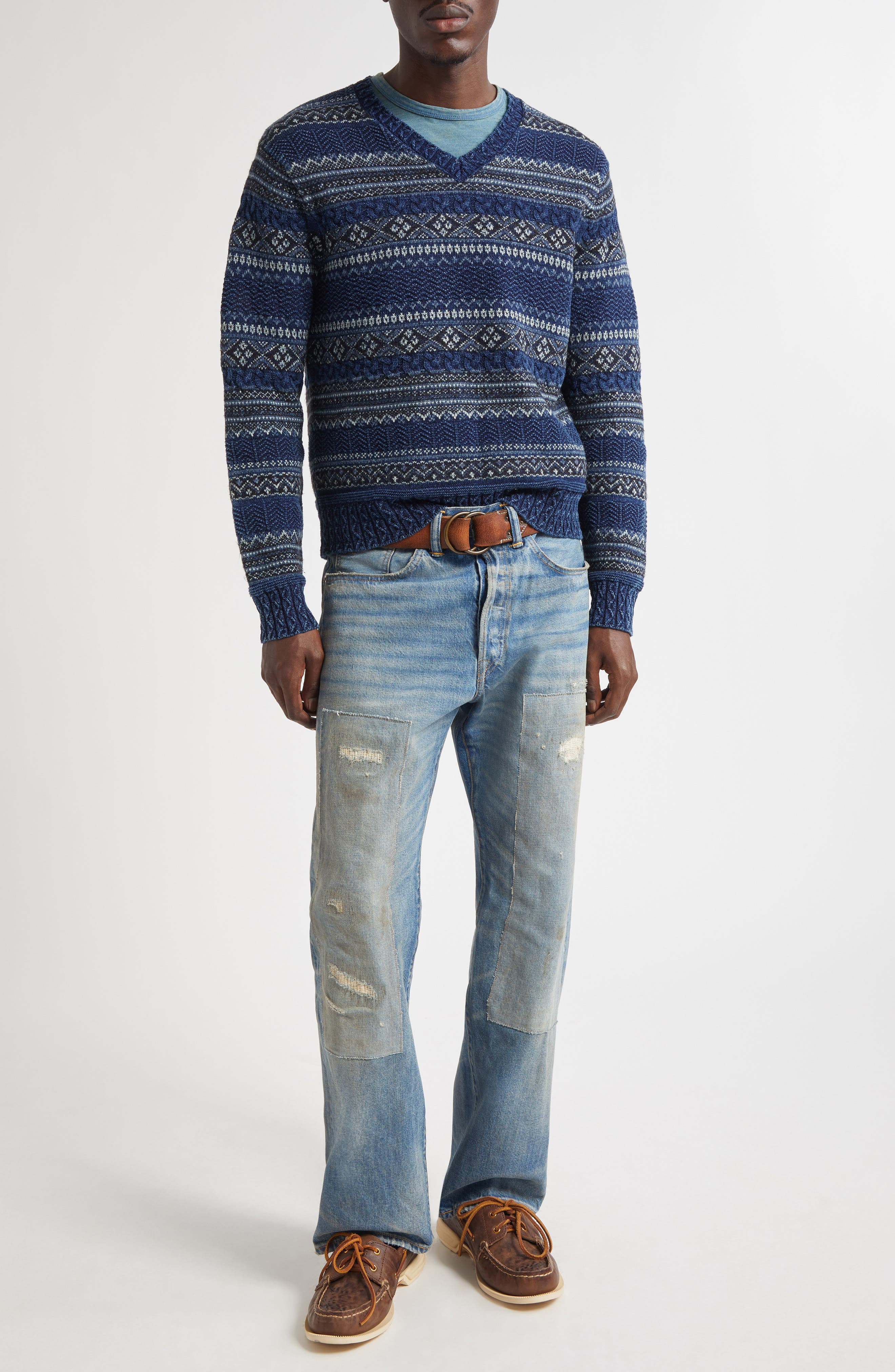 Double RL Indigo Stripe Cotton & Linen V-Neck Sweater in Indigo Multi at Nordstrom - 2