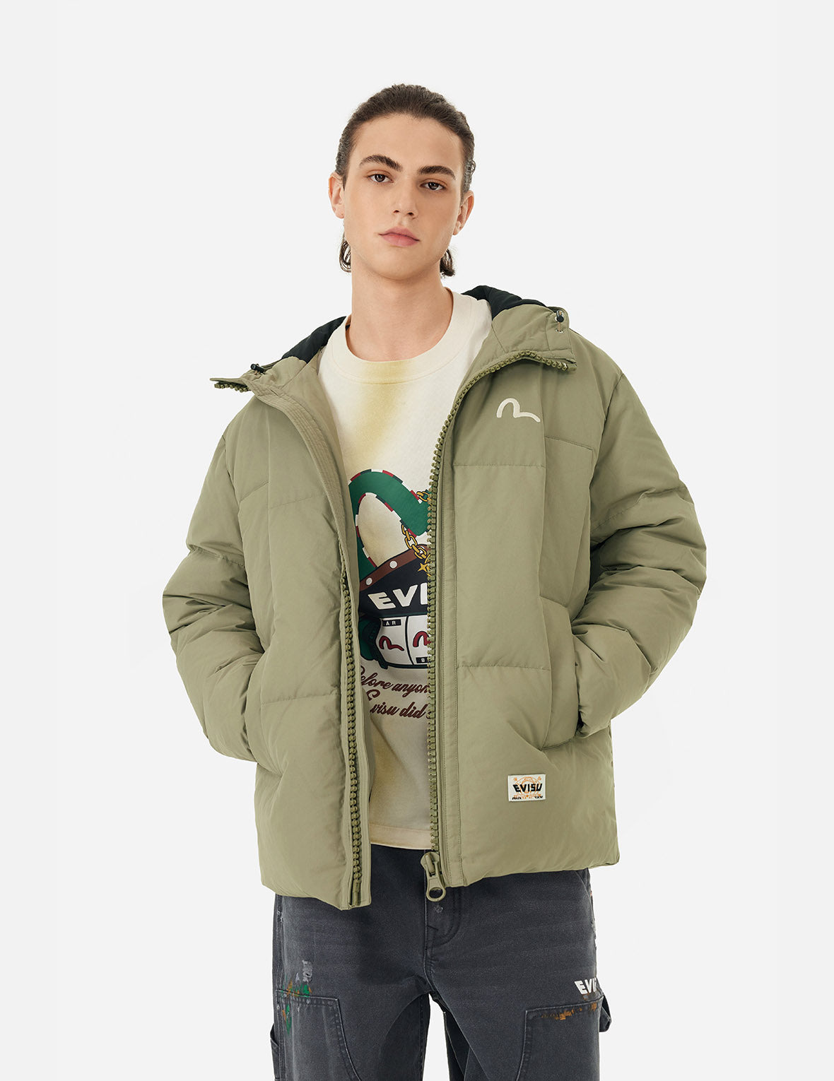 Seagull Embroidery Loose Fit Down Jacket - 12