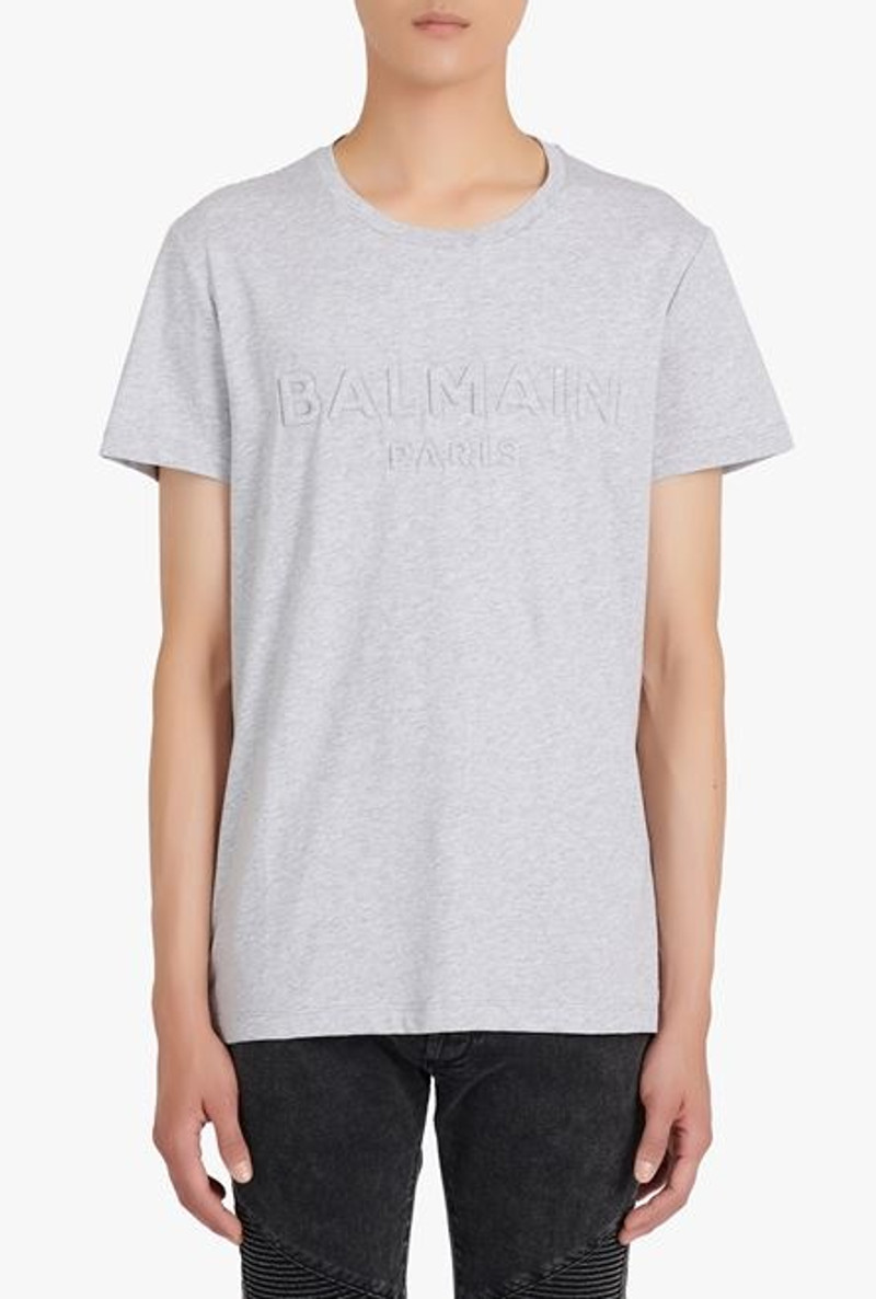 Heather gray cotton T-shirt with embossed Balmain Paris logo 5