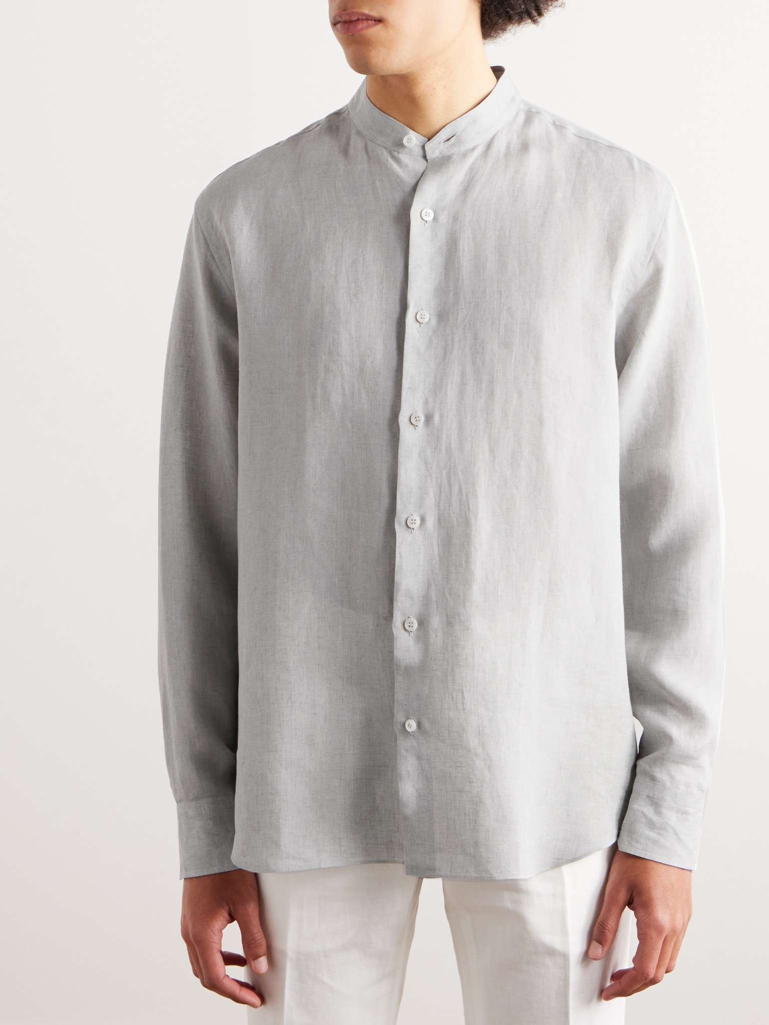 Grandad-Collar Linen Shirt - 3