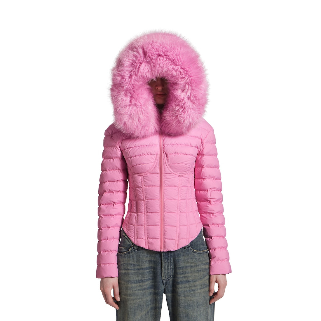 Women's Hooded Corseted Puffer in Pink - 5