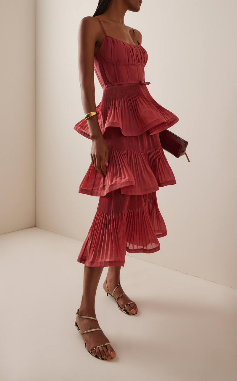 Zimmermann Pleated Tiered Midi Dress pink outlook
