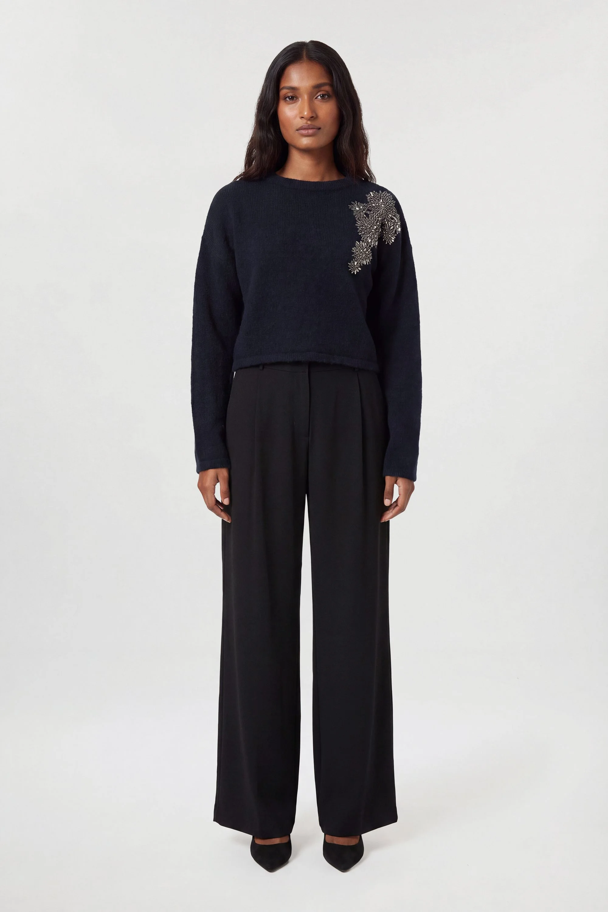 Wool Blend Embellished Cosy Crew Neck Knit Jumper - 1
