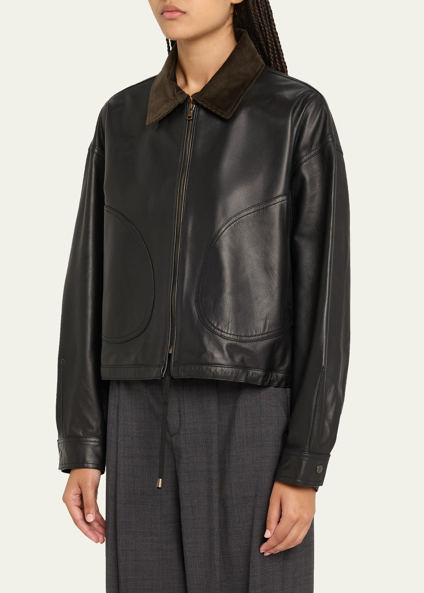 Corduroy-Collar Leather Parachute Jacket - 4