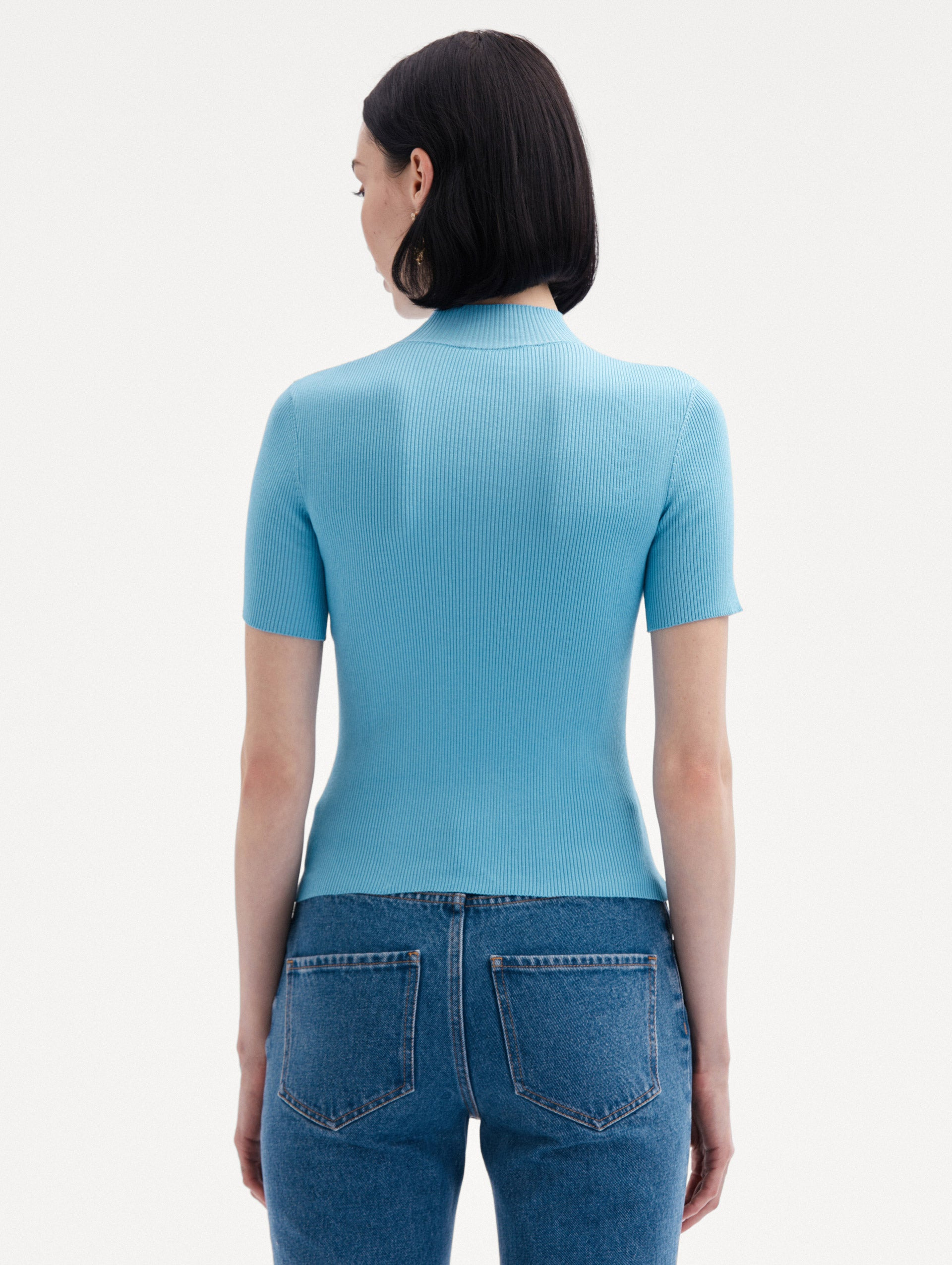 SHORT SLEEVE MOCK NECK RIBBED PULLOVER - 4