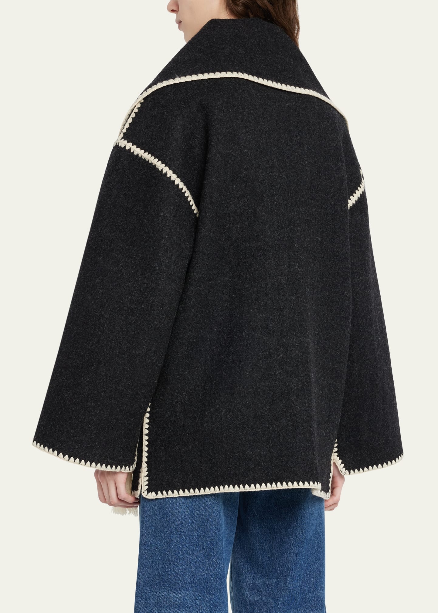 Embroidered Fringe Contrast-Trim Scarf Wool Jacket - 3