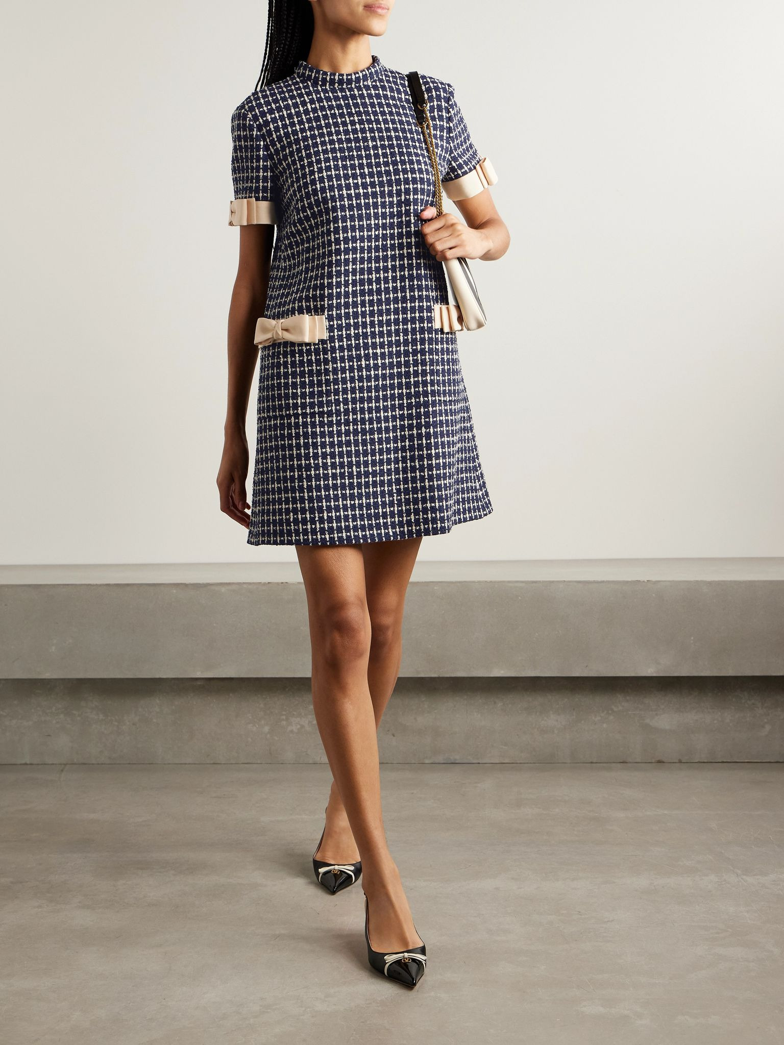 Bow-embellished checked wool-blend bouclé mini dress Navy - 2